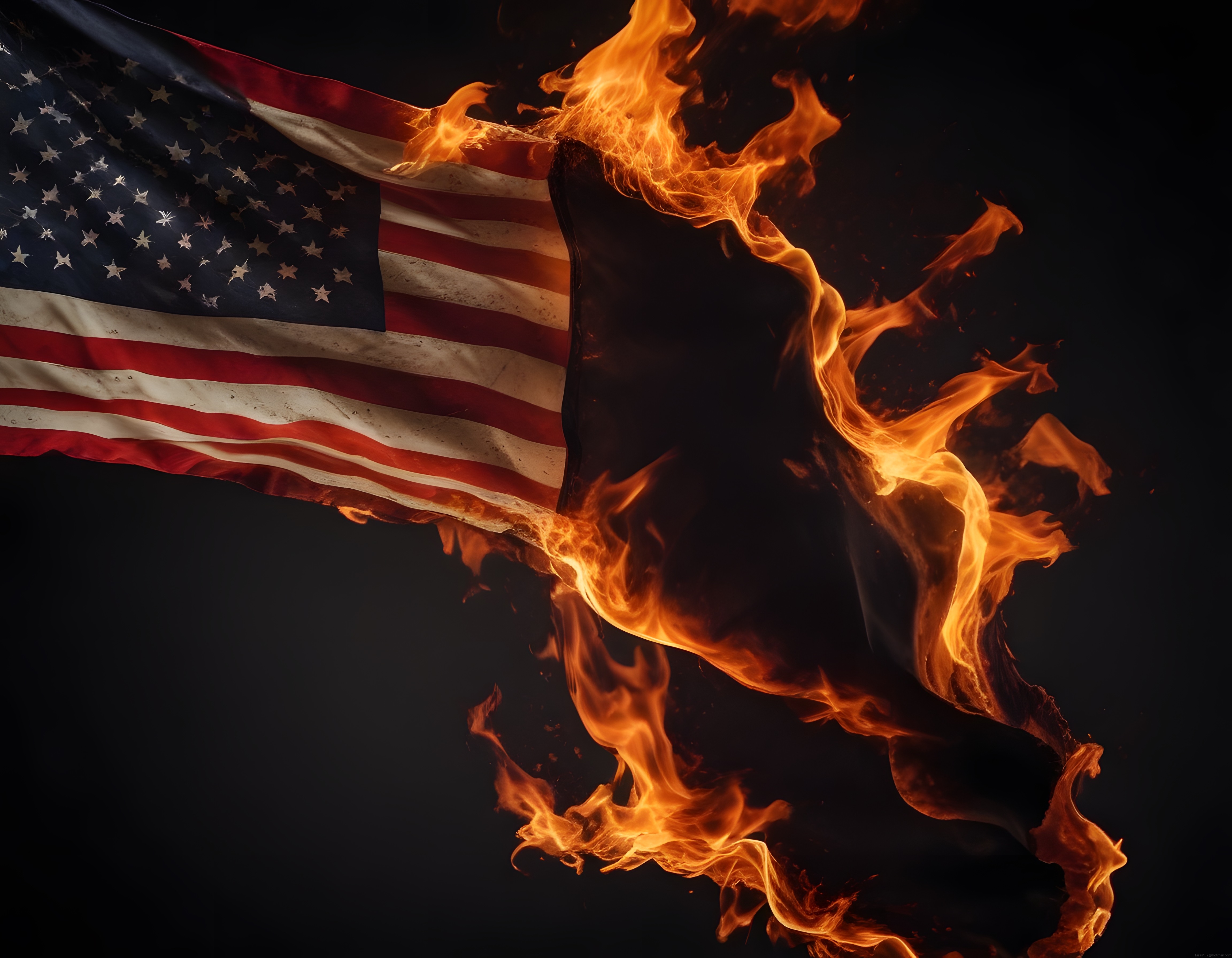 Karanlık Arka Planda Alevlerin İçinde Parçalanan Amerikan Bayrağı Görseli