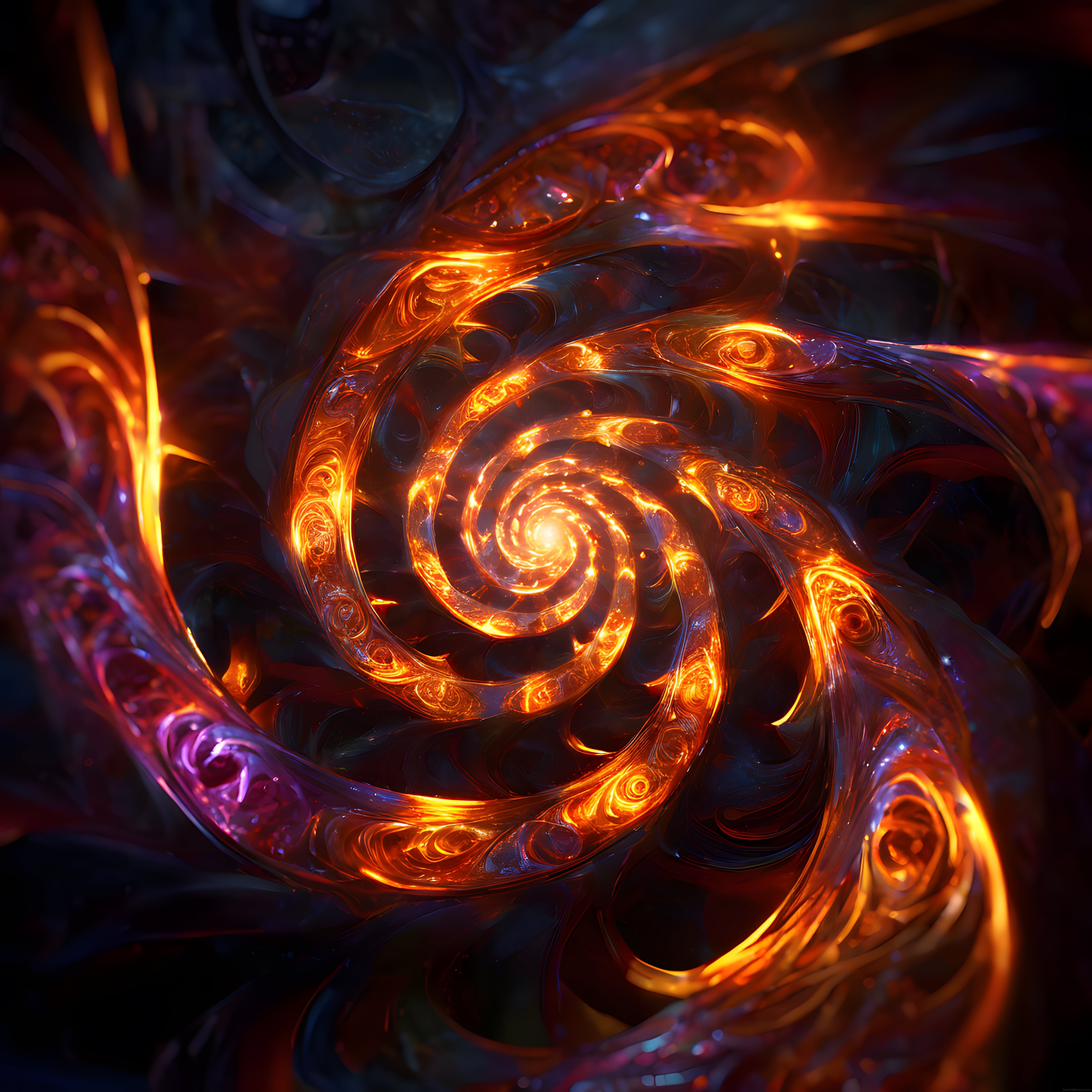 Karanlık Arka Planda Ateş Spiral ve Işıltılı Enerji Akışlarının Eşsiz Dansı