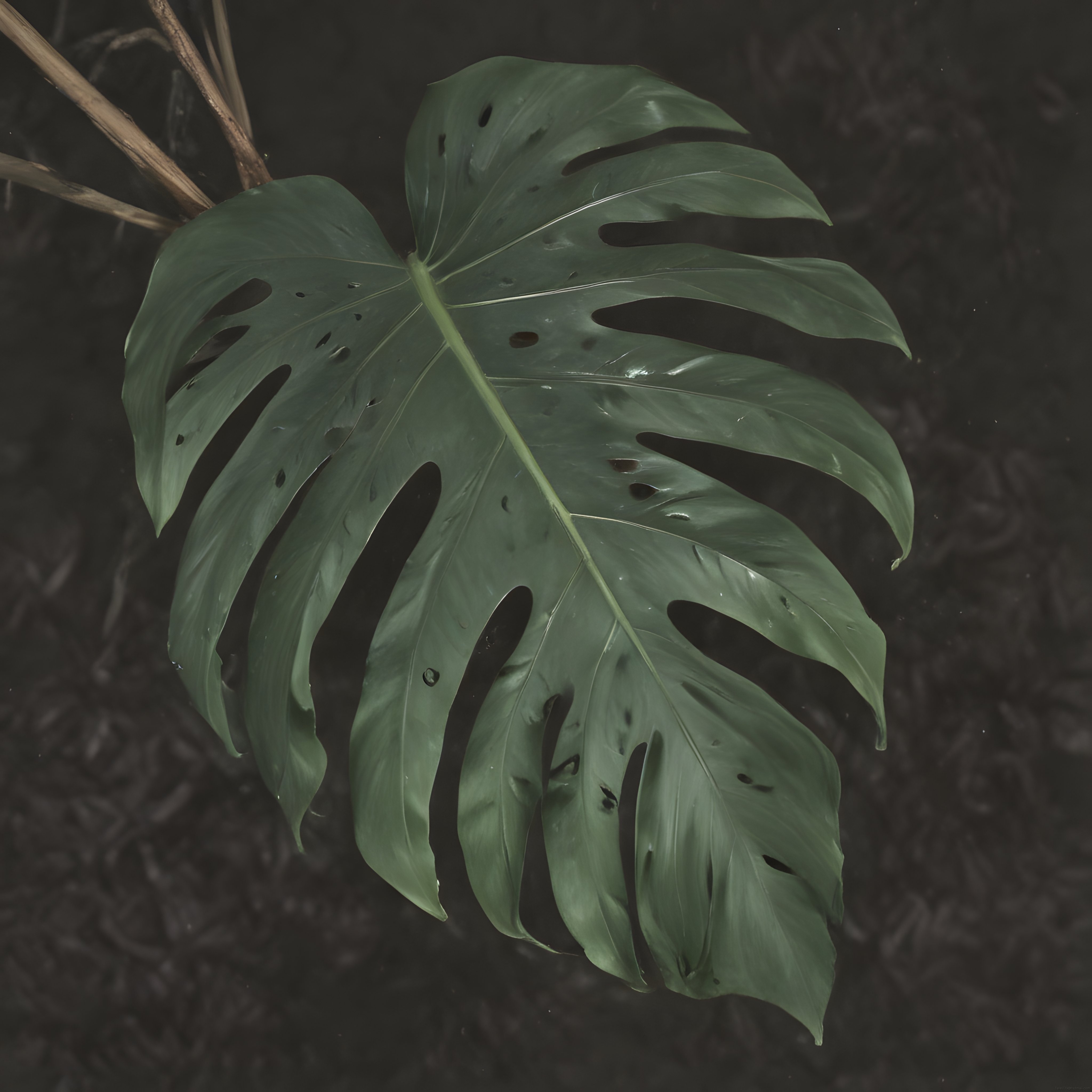 karanlık arka planda gizemli monstera deliciosa yaprağı makro fotoğrafı