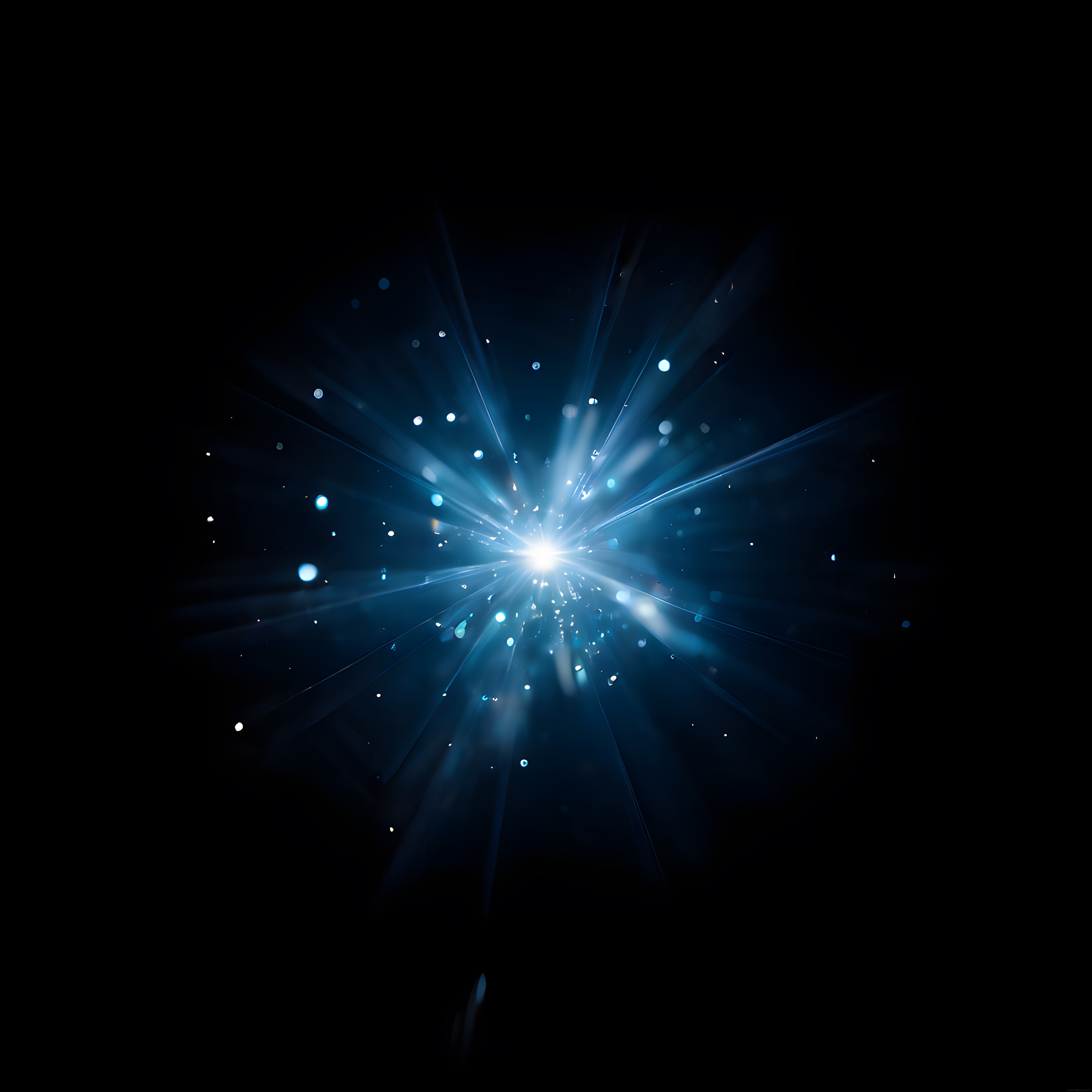 Karanlık Arka Planda Mavi Beyaz Işık Patlaması ve Dijital Parçacıklar