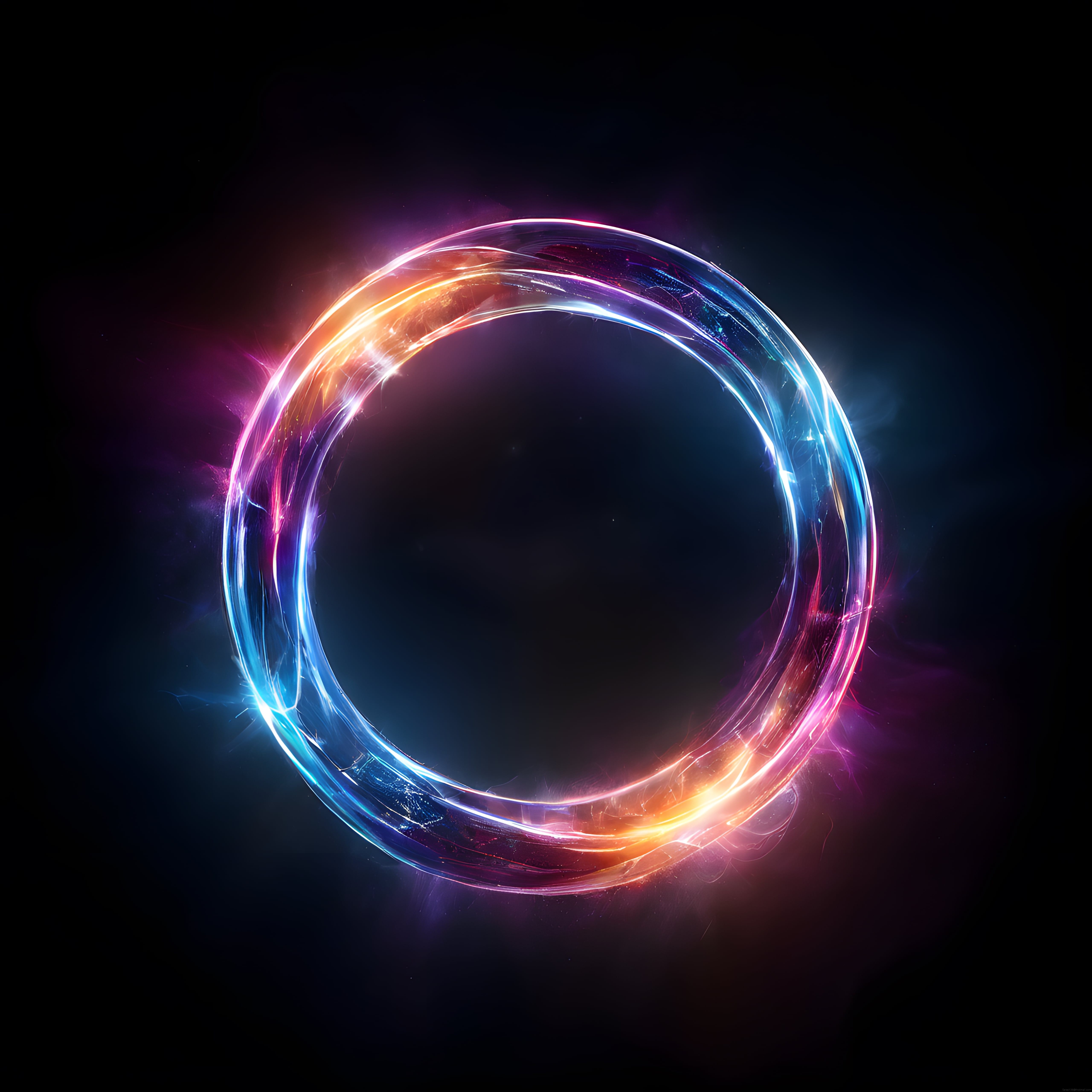 Karanlık arka planda neon mavi ve turuncu ışıklı soyut dijital enerji halkası