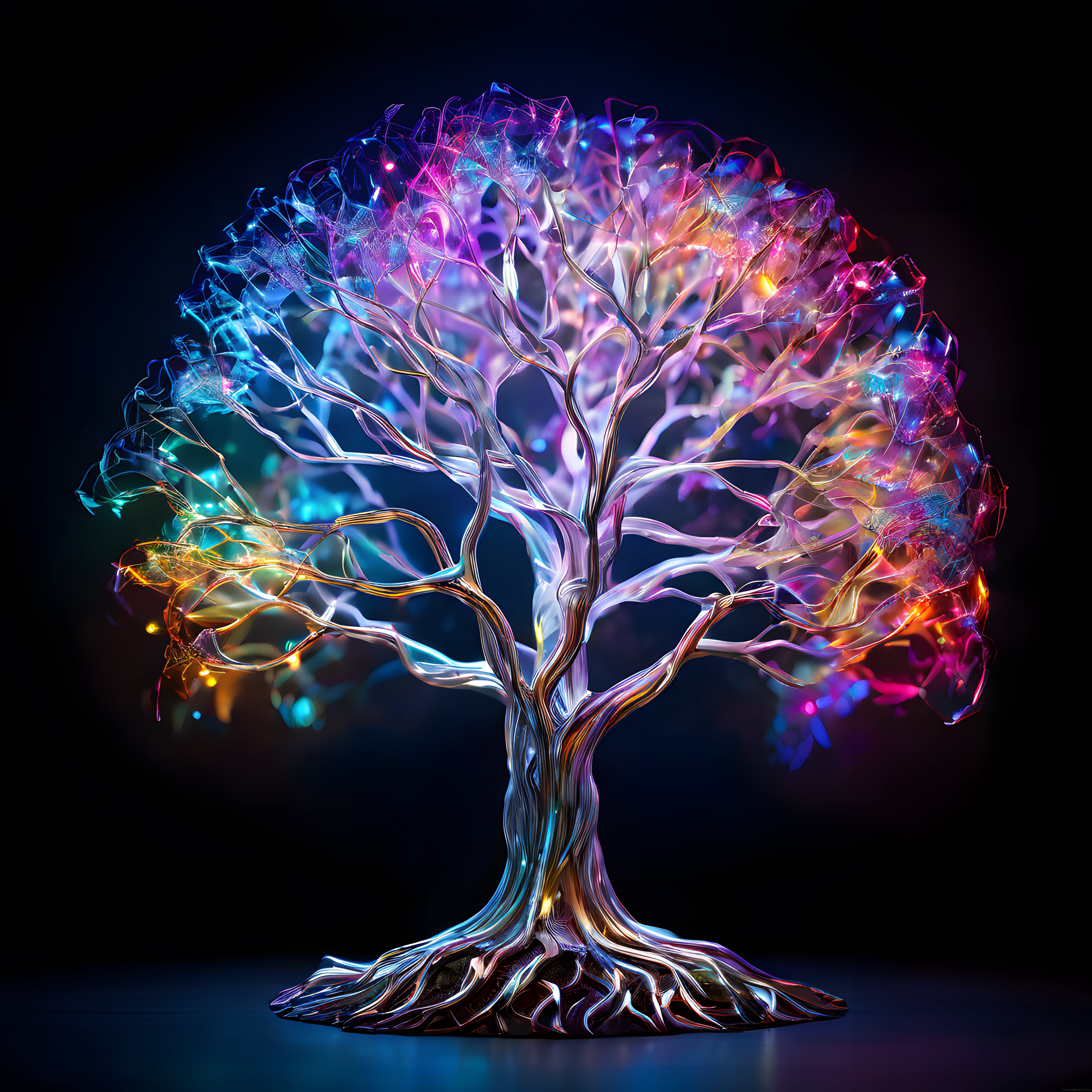 Karanlık Arka Planda Parlayan Renkli Neon Kristal Ağaç Dijital Sanat Eseri