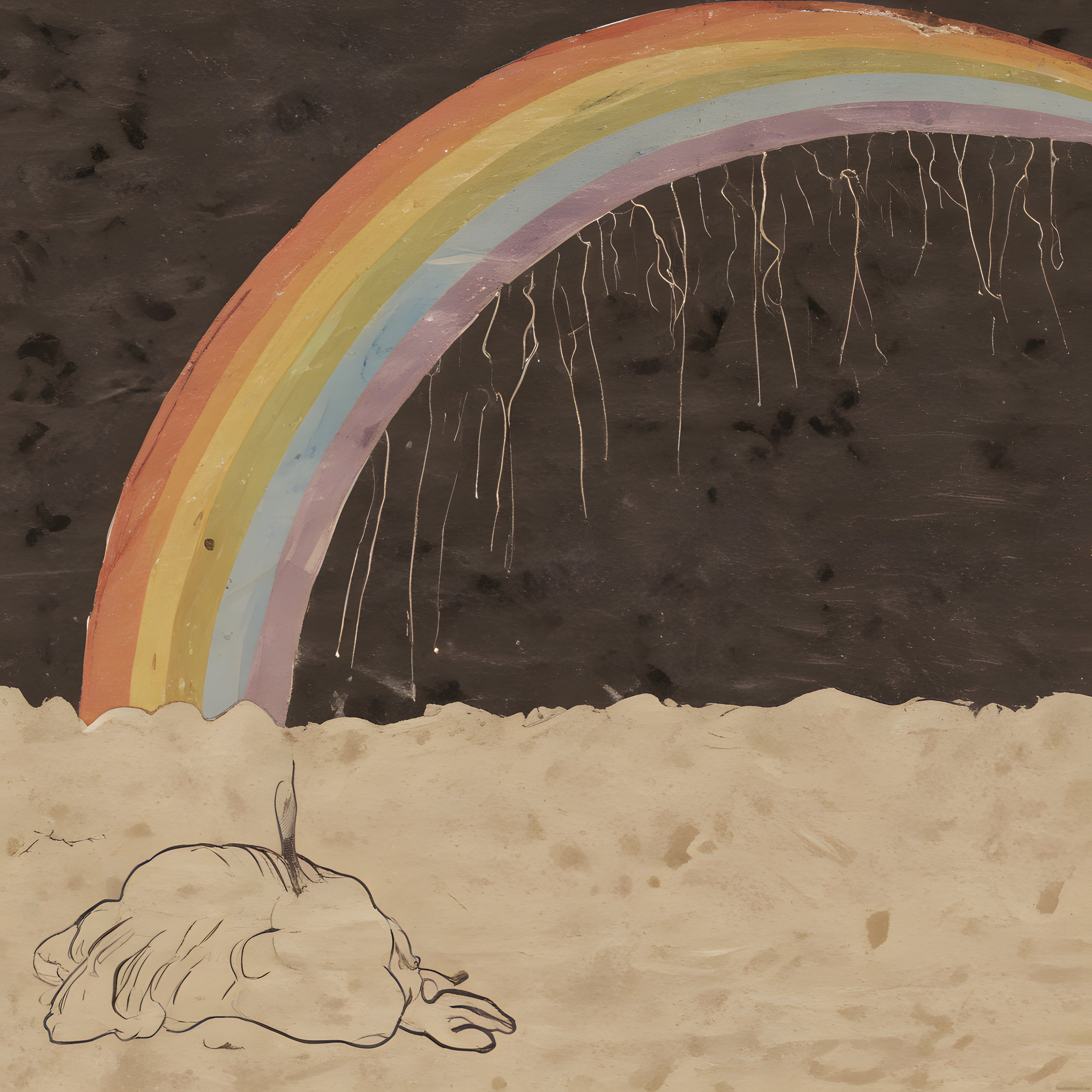 Karanlık Arka Planda Pastel Gökkuşağı ve Elle Çizilmiş Sanatsal Figür