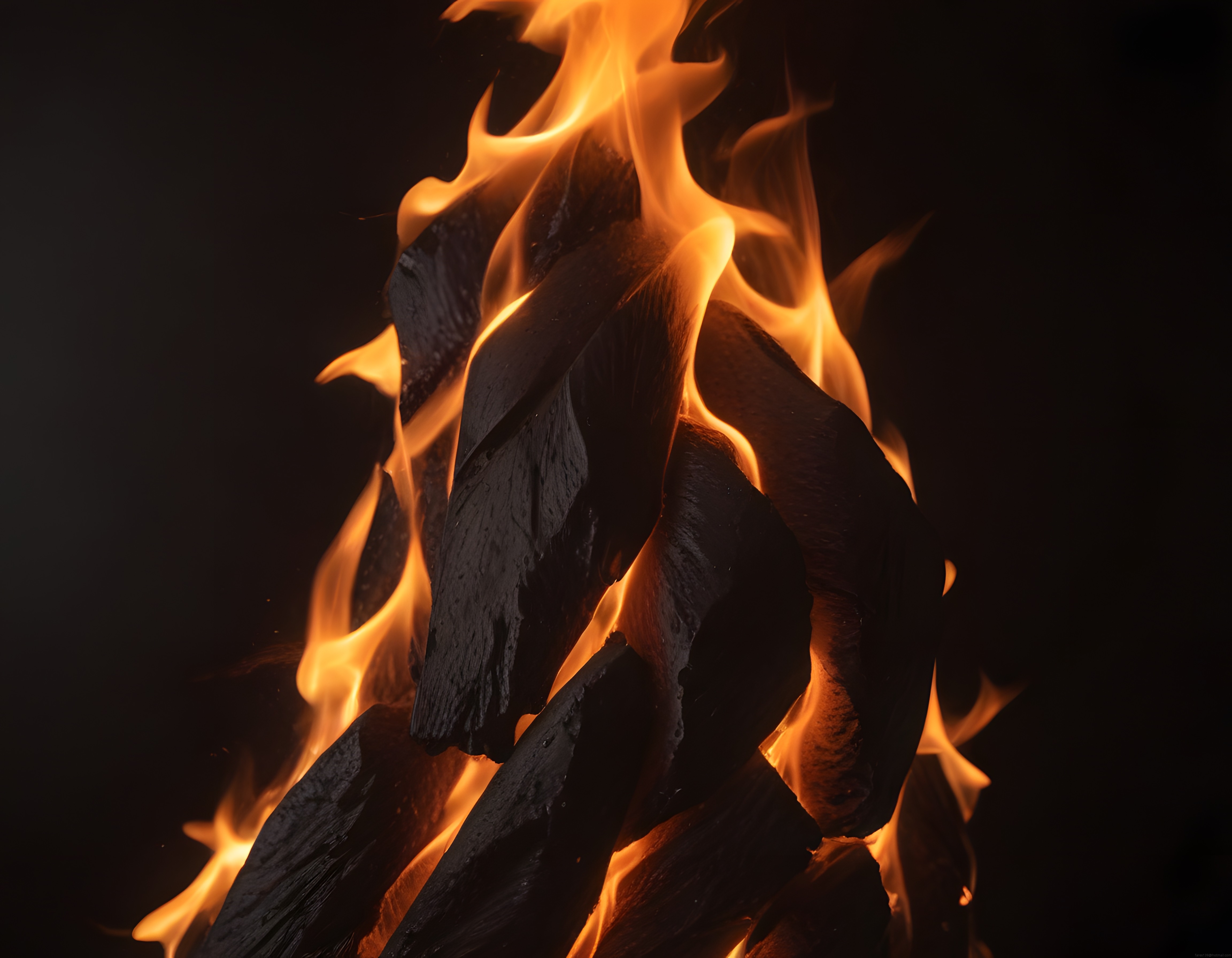 Karanlık Arka Planda Tutuşan Odun Ateşinin Sıcak Turuncu Alevleri