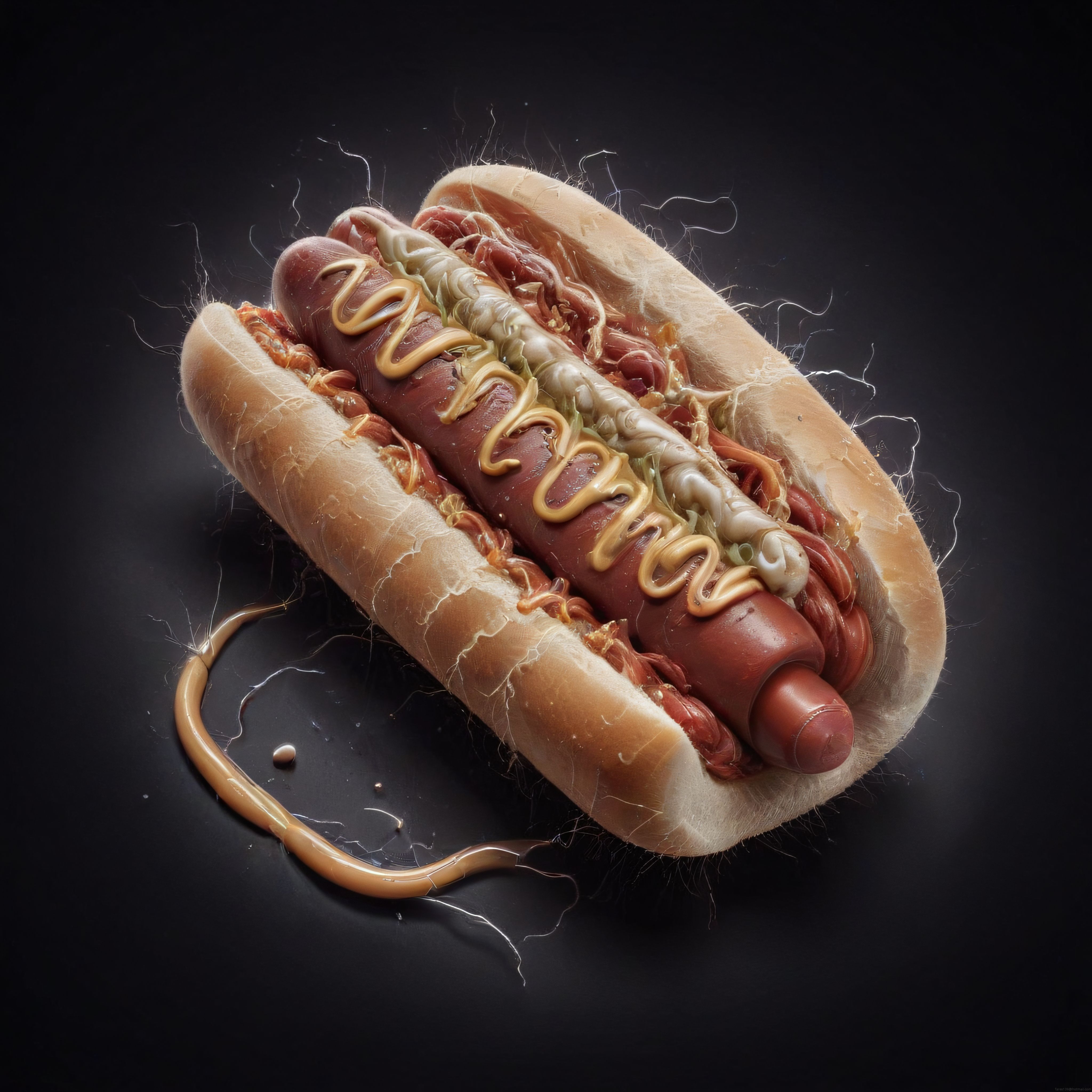 Karanlık Arka Planda Tüylü ve Gerçeküstü Soslarla Süslenmiş İlginç Hot Dog