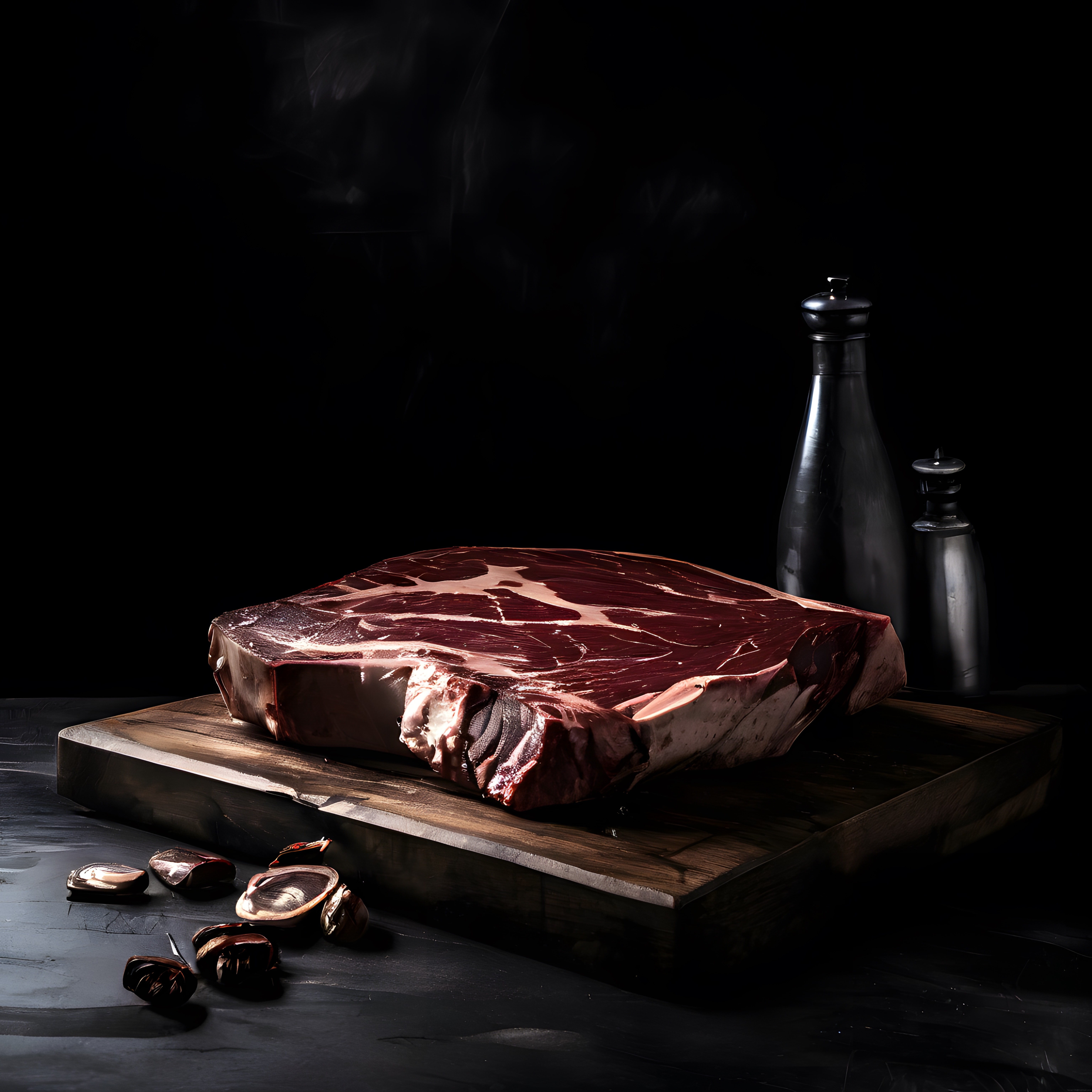Karanlık Atmosferde Ahşap Kesme Tahtası Üzerinde Premium T-Bone Çiğ Biftek