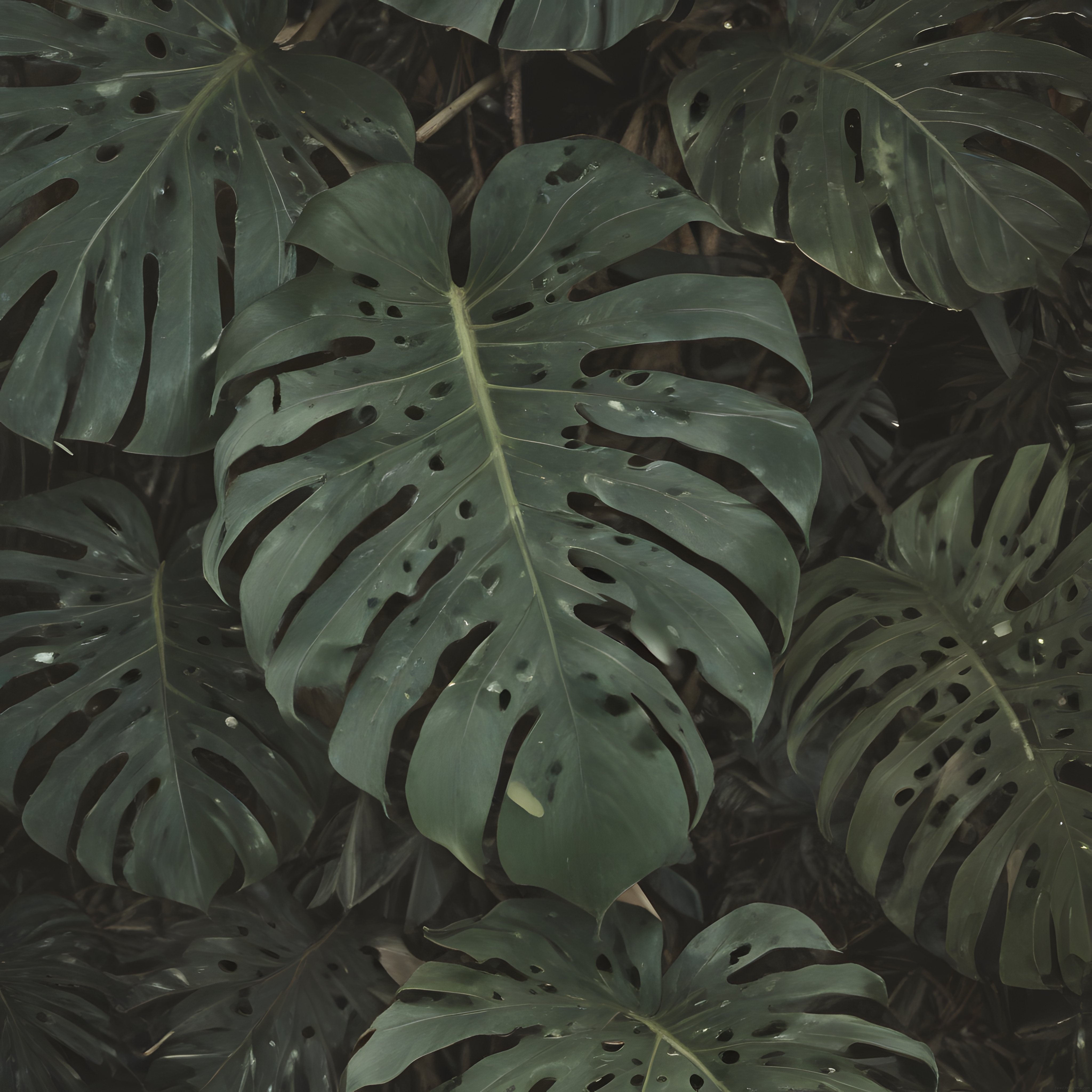 Karanlık Atmosferde Büyüleyici Monstera Yaprakları ve Yemyeşil Bitki Örtüsü