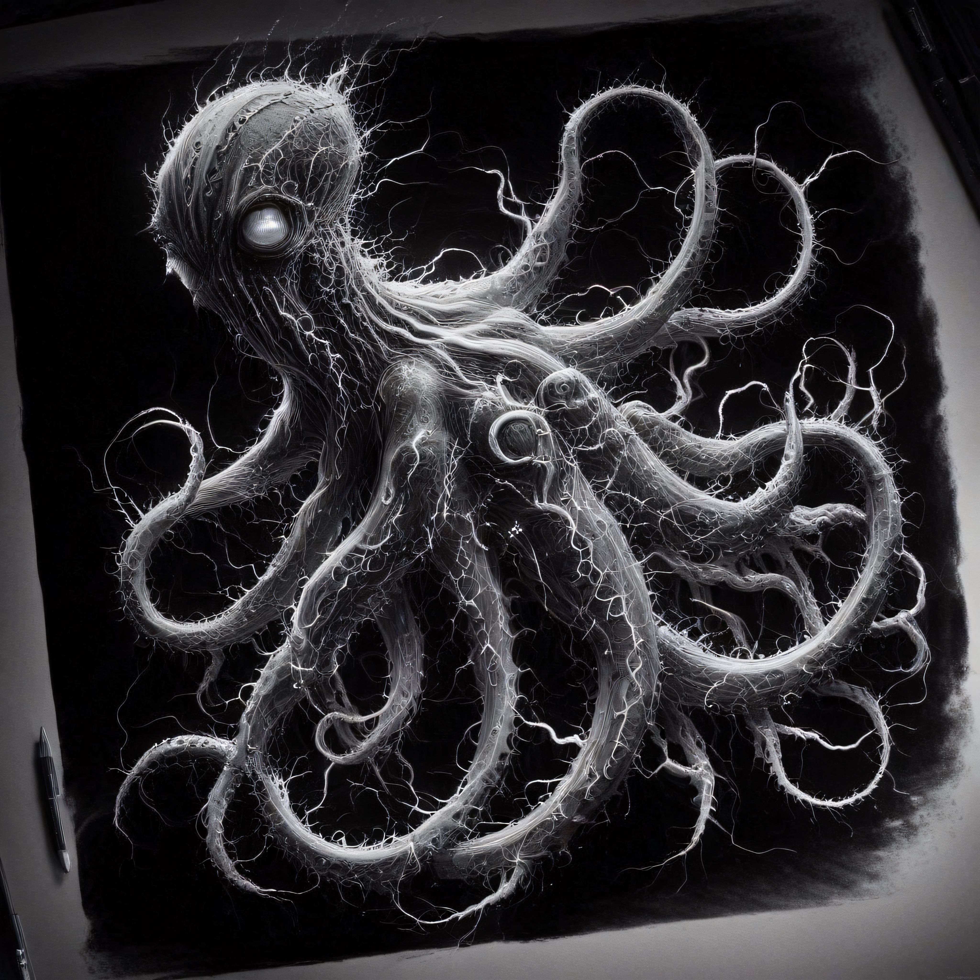 Karanlık atmosferde lifli dokulu Cthulhu tarzı devasa yaratık illüstrasyonu