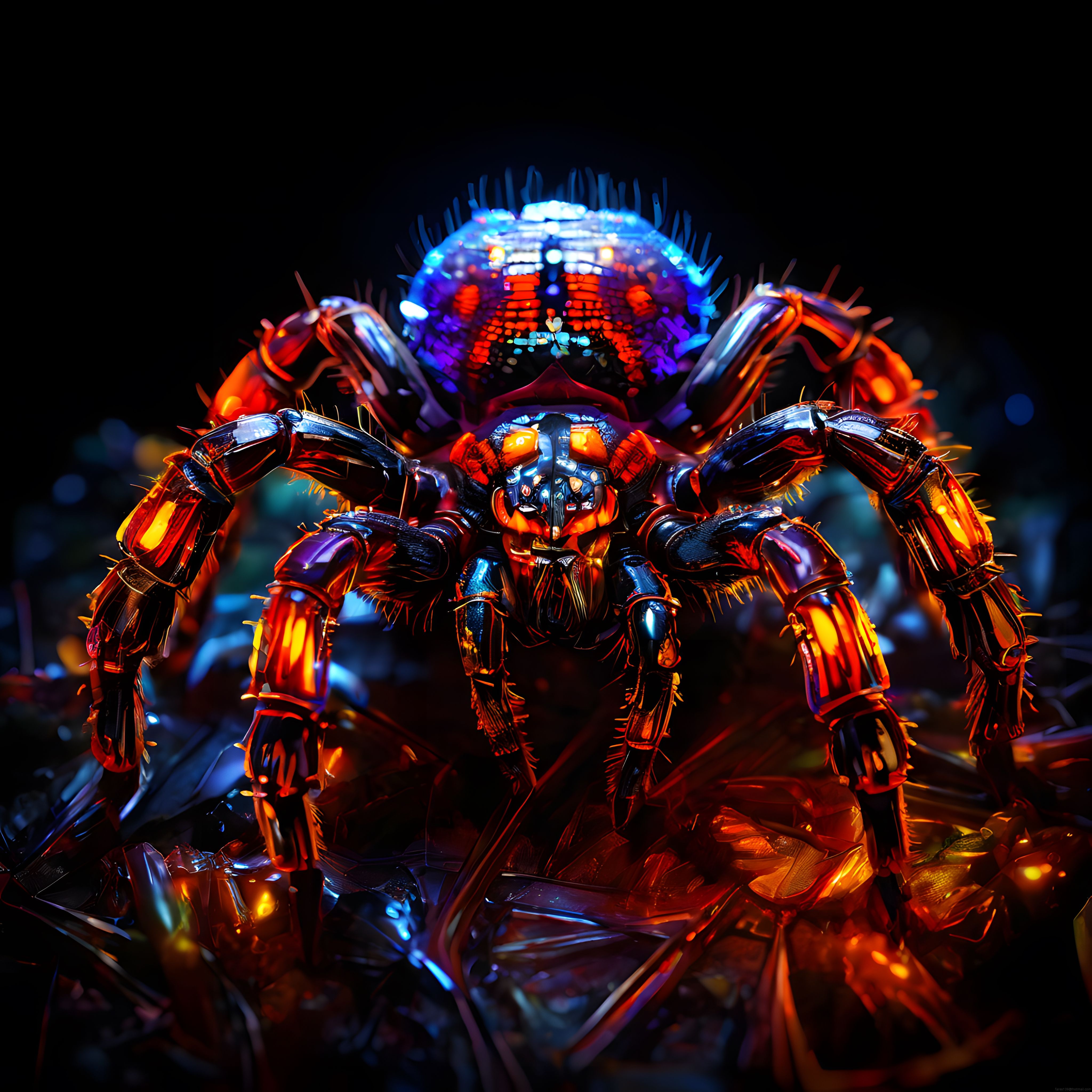 Karanlık Atmosferde Neon Işıklı Cyberpunk Mekanik Örümcek ve Savaşçı