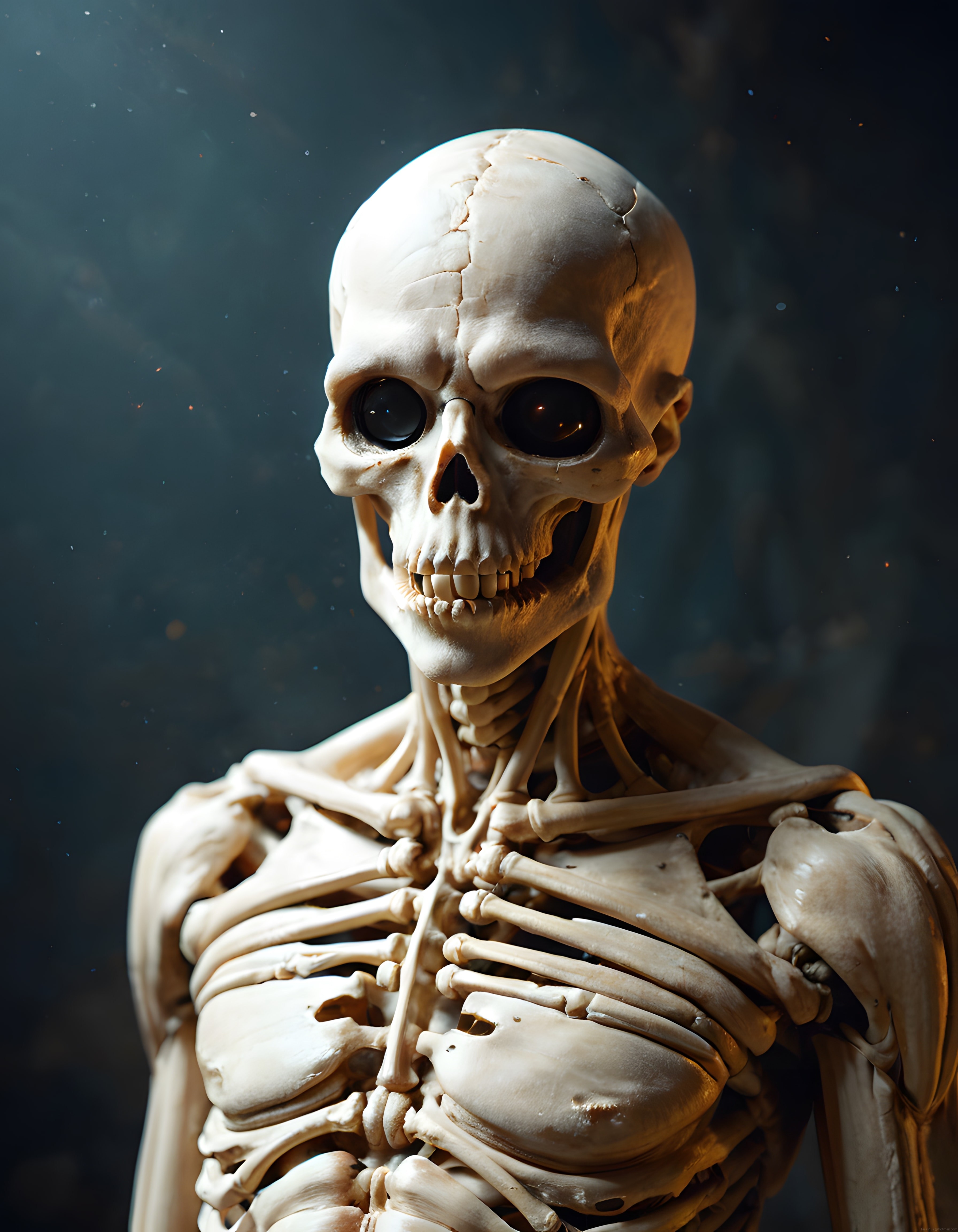 Karanlık Atmosferde Parıltılı Gözleriyle İnsan İskeleti Sanatsal Çalışma