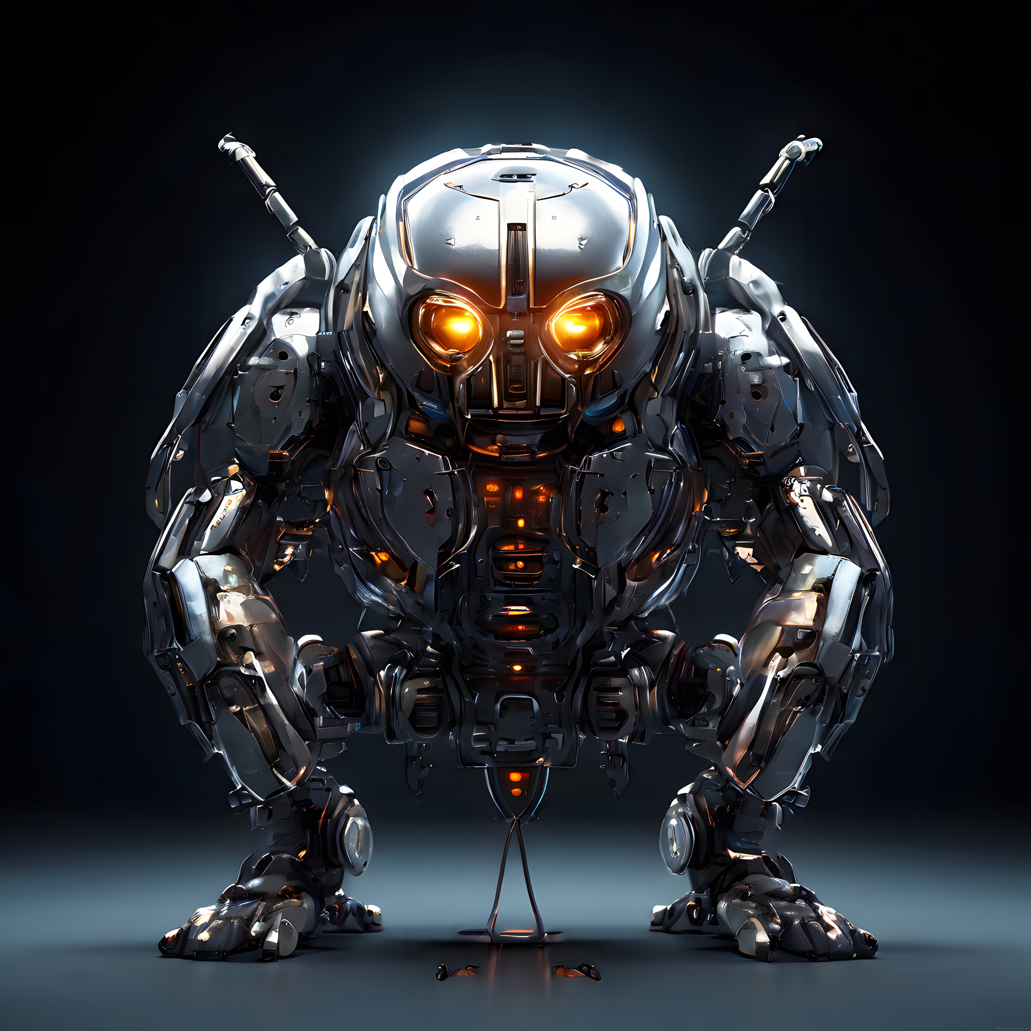 Karanlık Atmosferde Parlayan Gözleriyle Metalik Böcek Robot Tasarımı