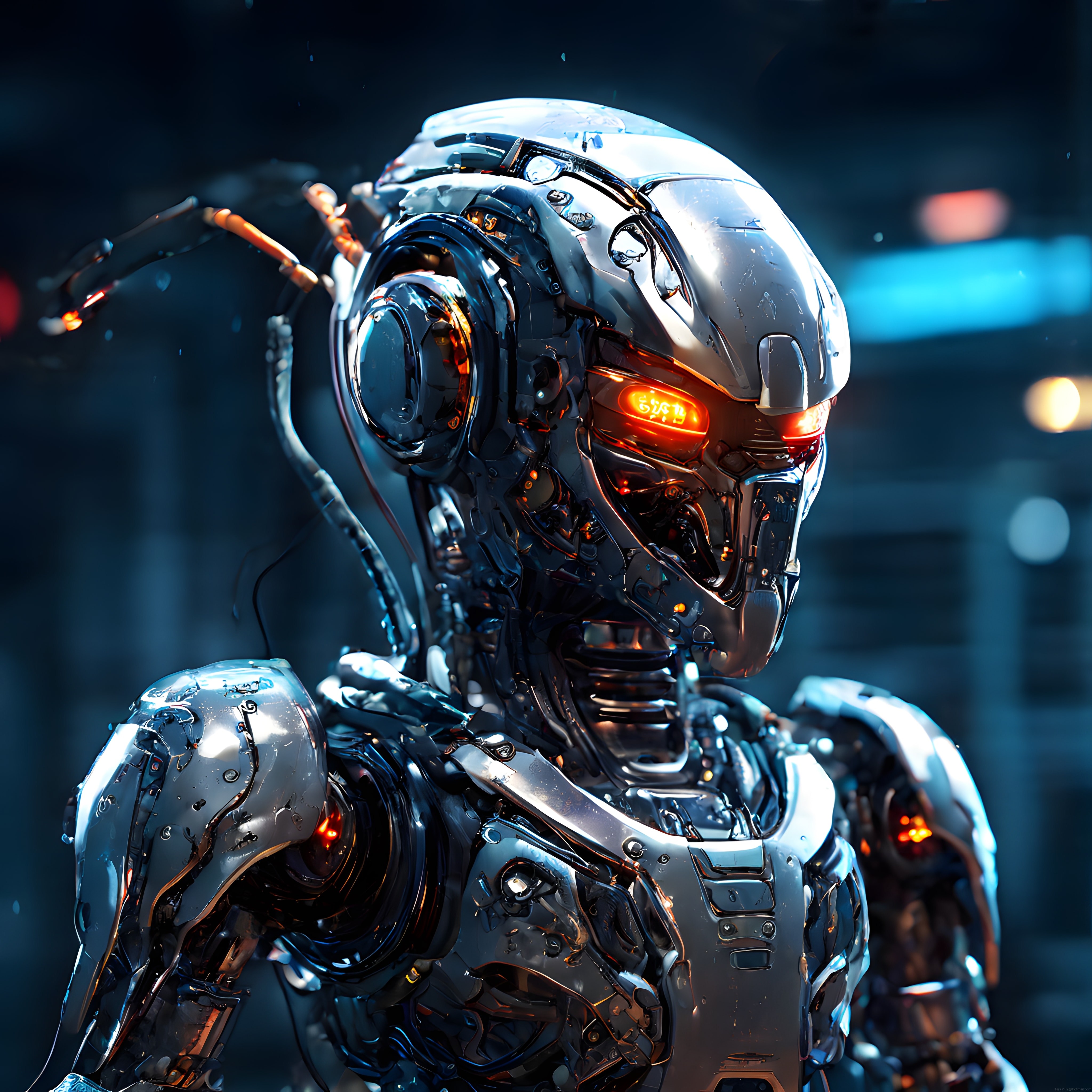 Karanlık atmosferde turuncu gözlü ıslak metal cyberpunk robot portresi
