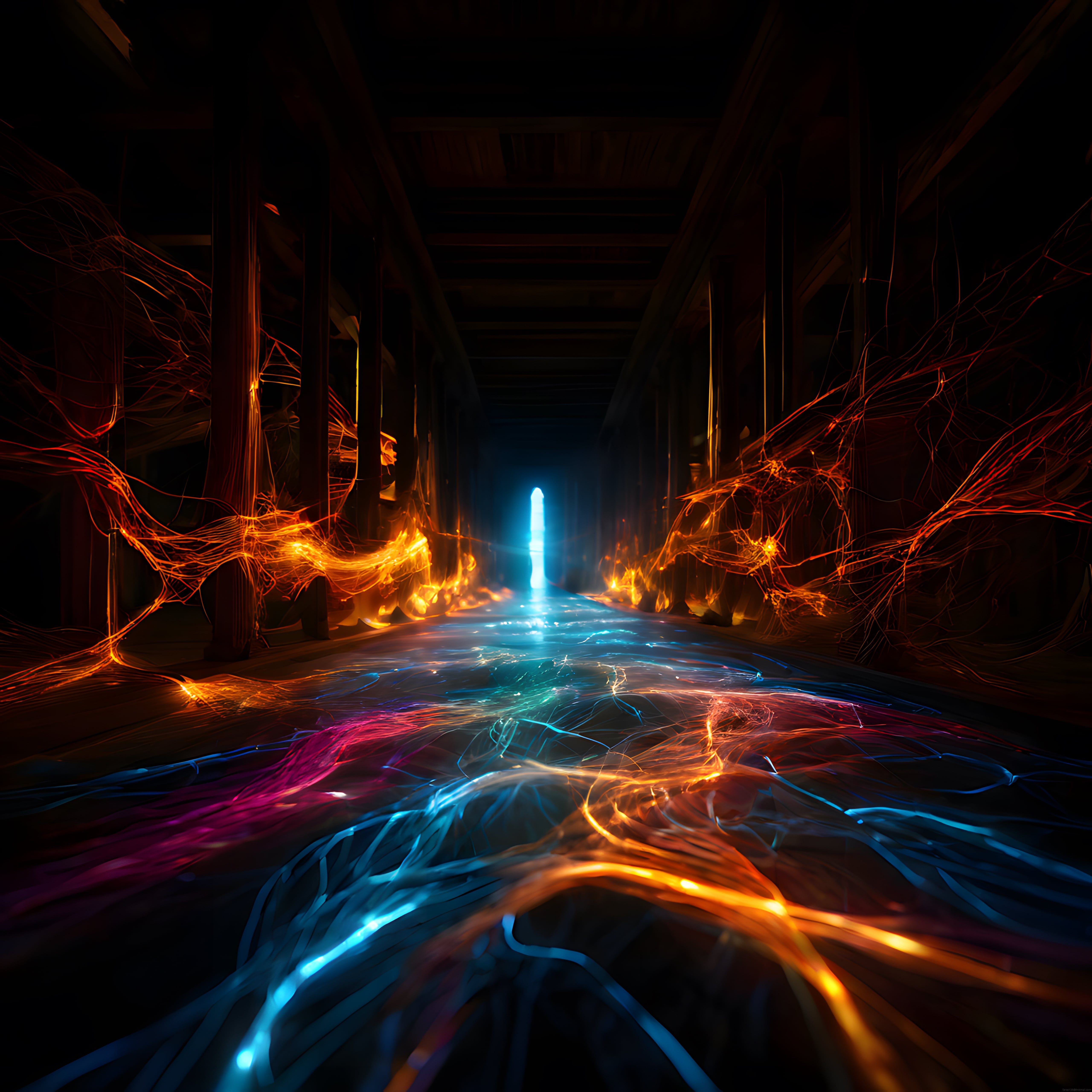 Karanlık bir koridorda dans eden neon ışık telleri ve dijital sanat atmosferi