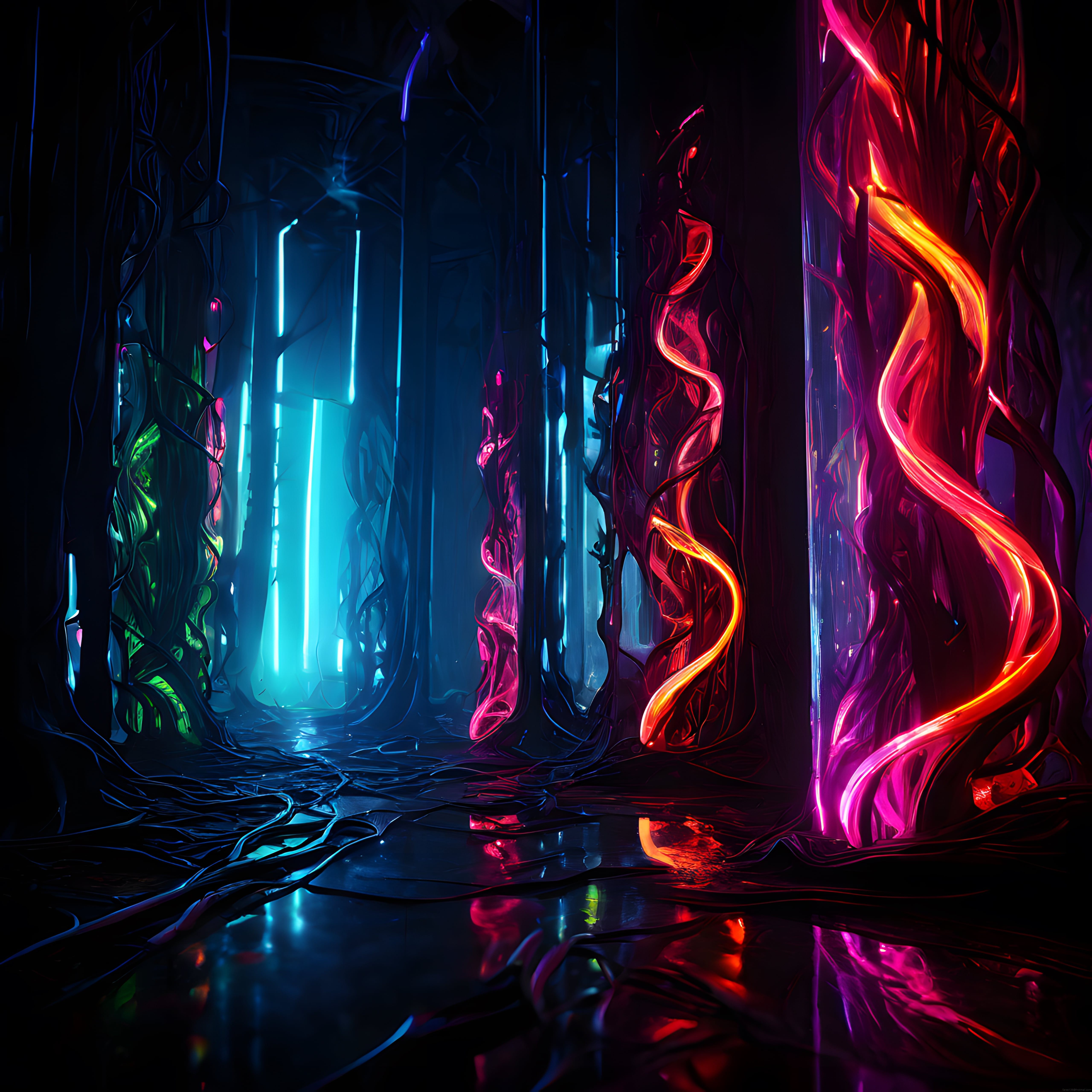 Karanlık Bir Ormanda Parıldayan Neon Bitkiler ve Dijital Sanat Atmosferi