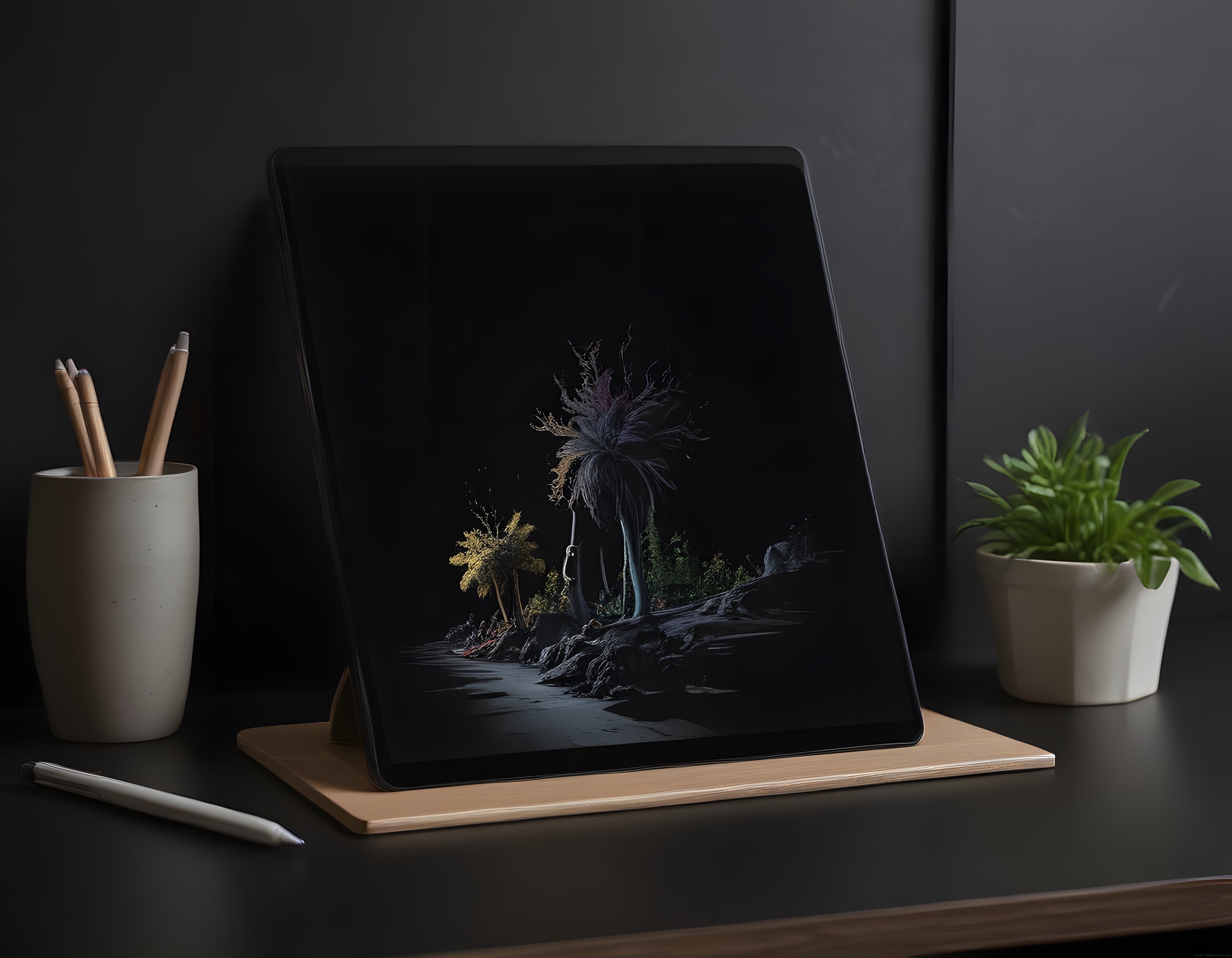 Karanlık Çalışma Masasında Tablet Ekranında Parlayan Dijital Doğa Sanatı