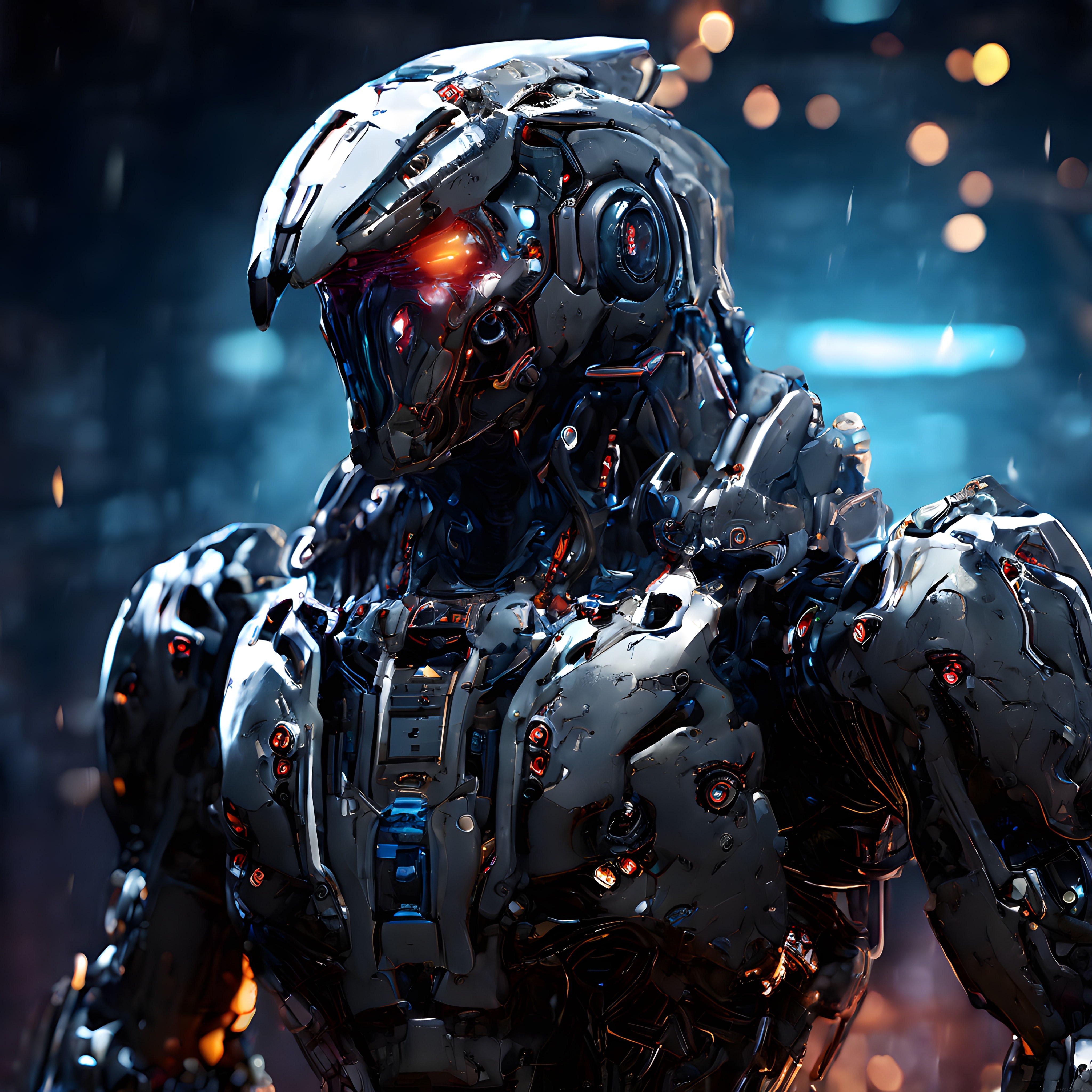 Karanlık cyberpunk atmosferde parlayan kırmızı gözlü mekanik robot portresi