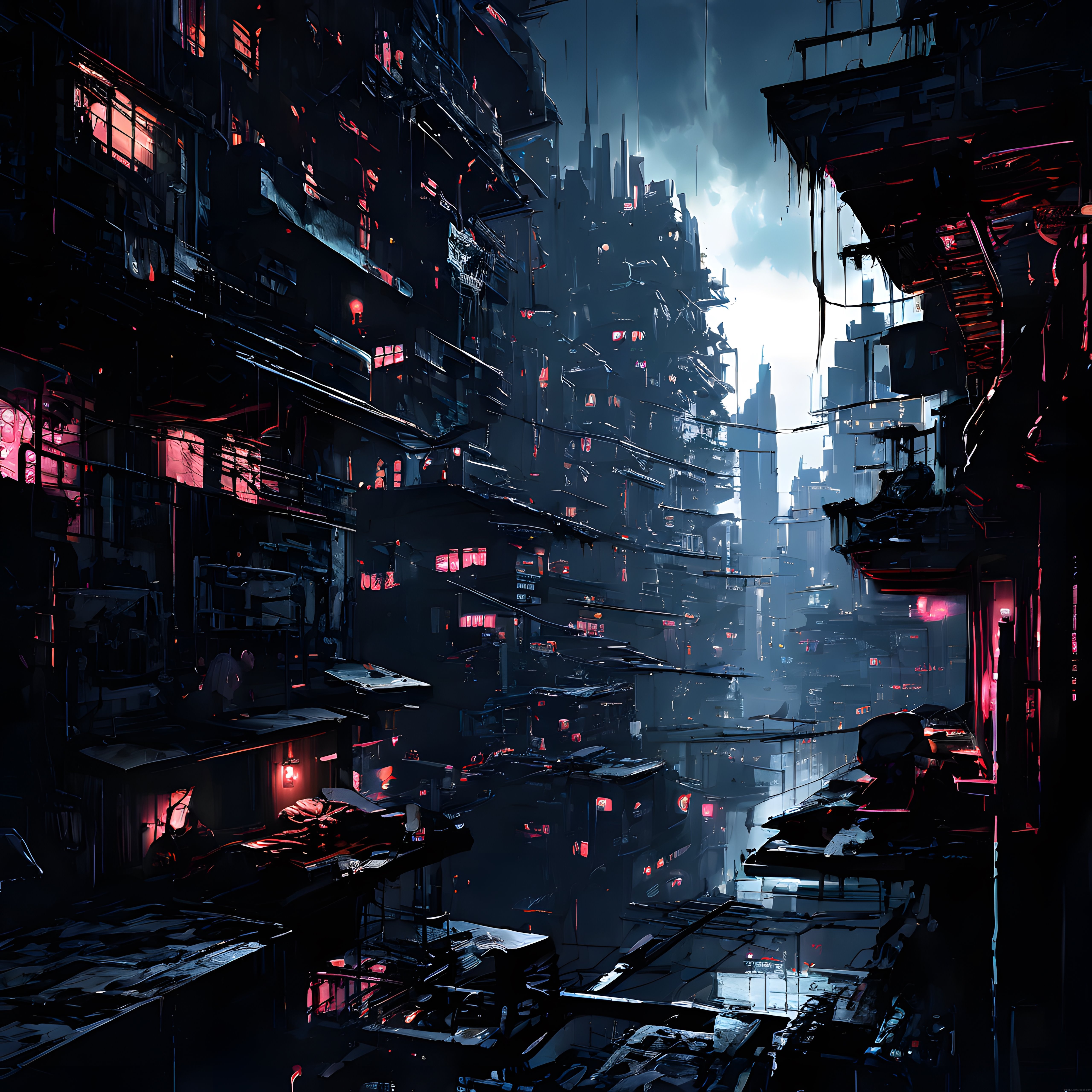 Karanlık Cyberpunk Mega Şehir: Neon Işıklarla Aydınlatılmış Gelecekçi Metropol