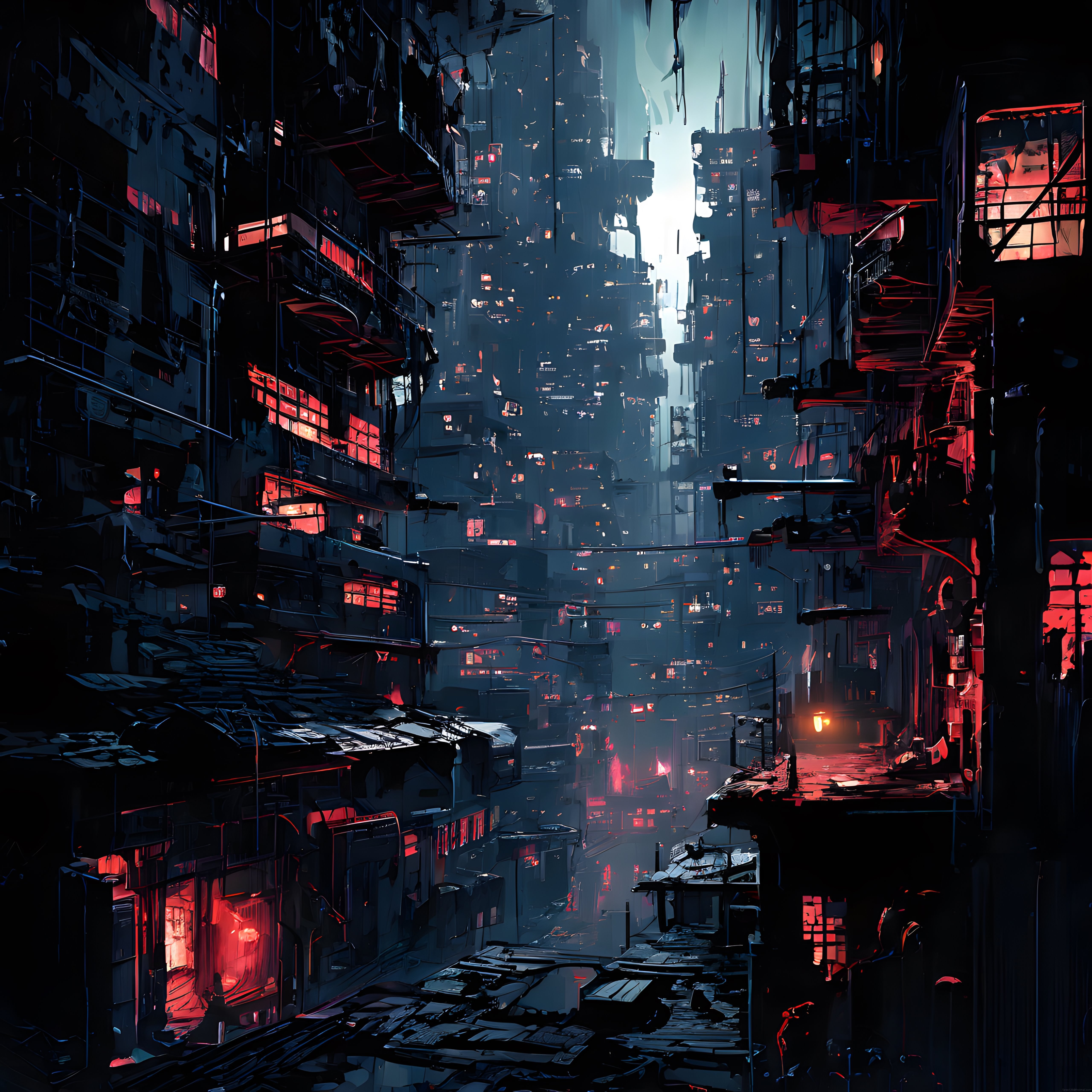 Karanlık cyberpunk şehirde neon ışıklı dar sokaklar ve devasa gökdelenler