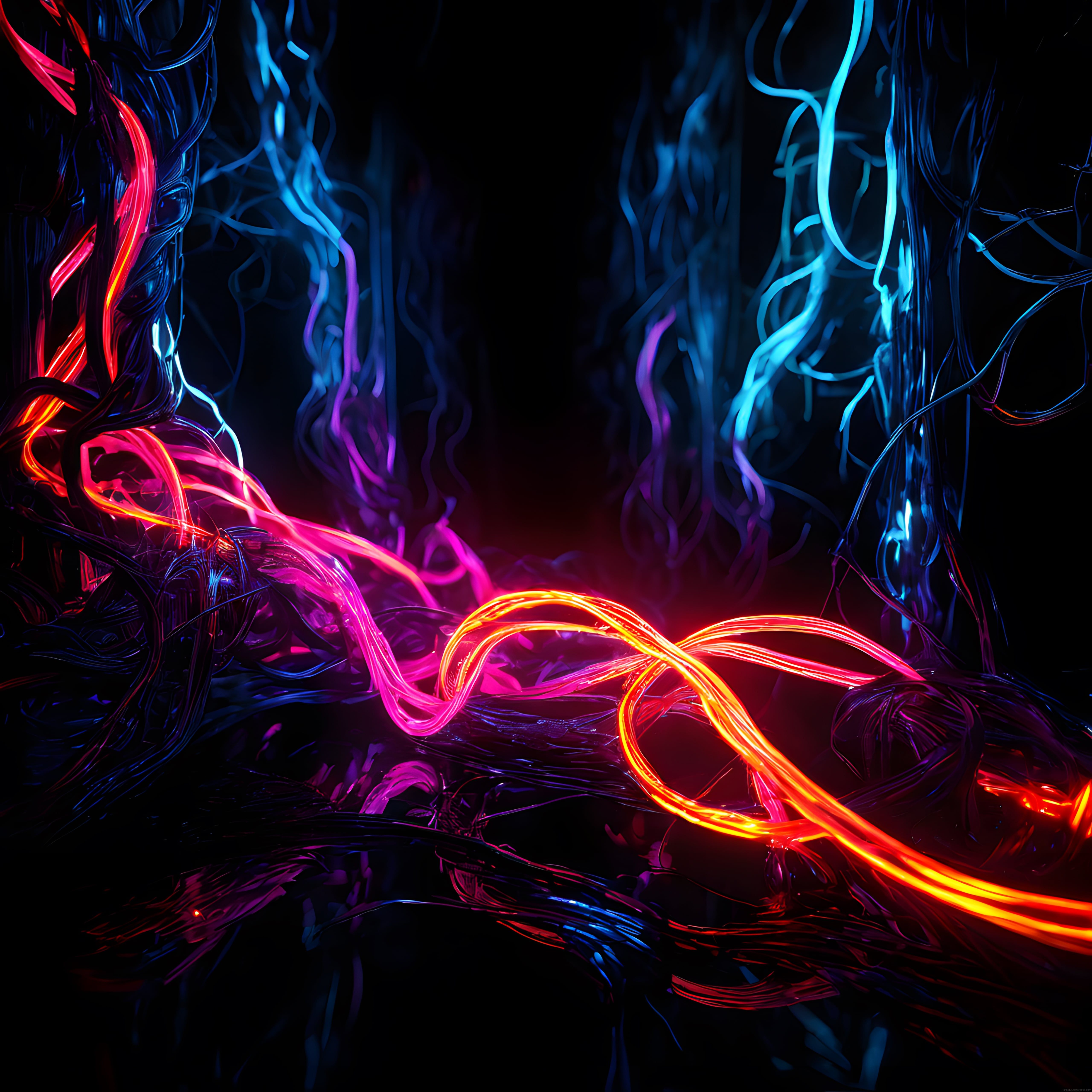 Karanlık Dijital Ormanda Yılan Gibi Kıvrılan Neon Işıklı Tünel