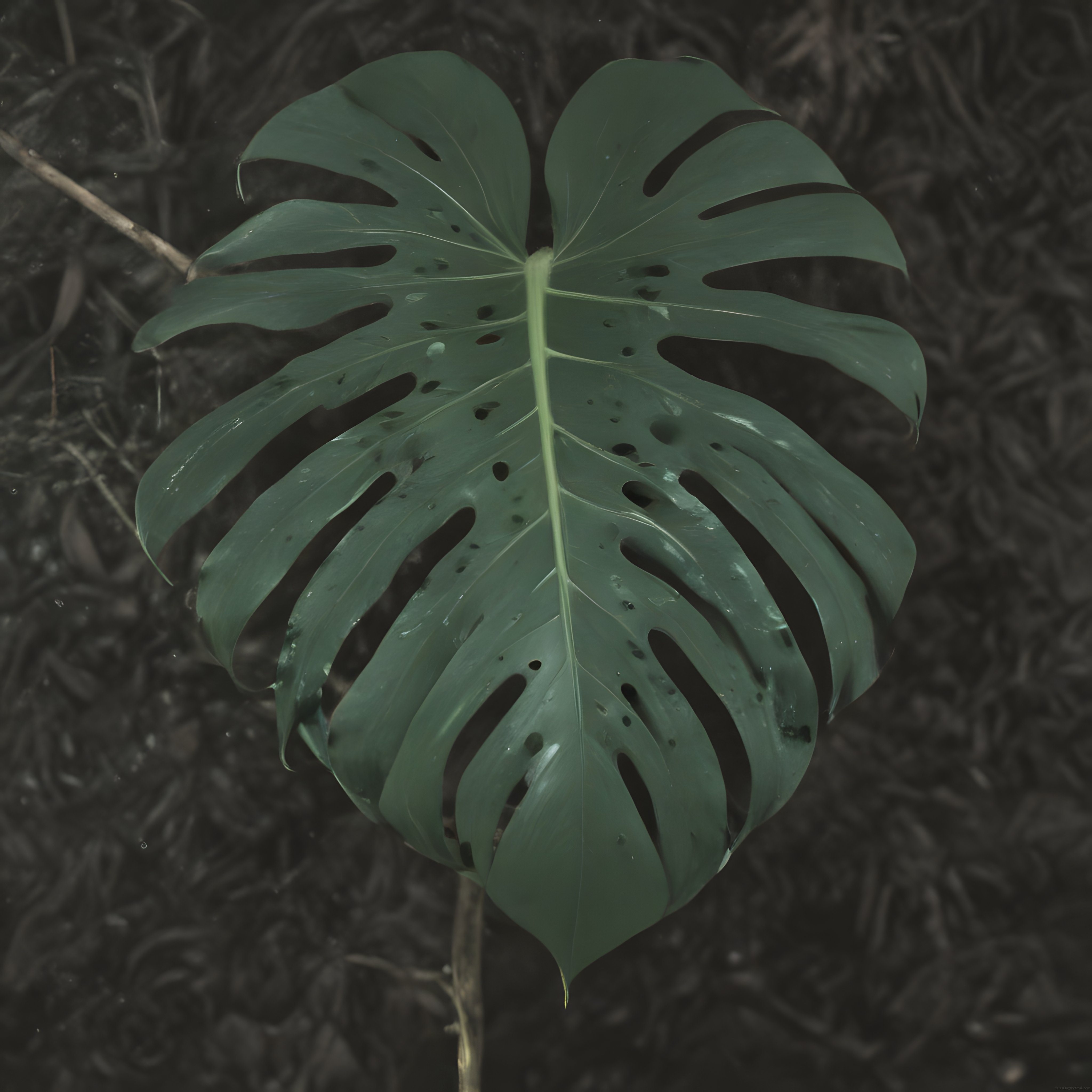 Karanlık Doğal Arka Planda Yağmur Damlalarıyla Parıldayan Monstera Yaprağı