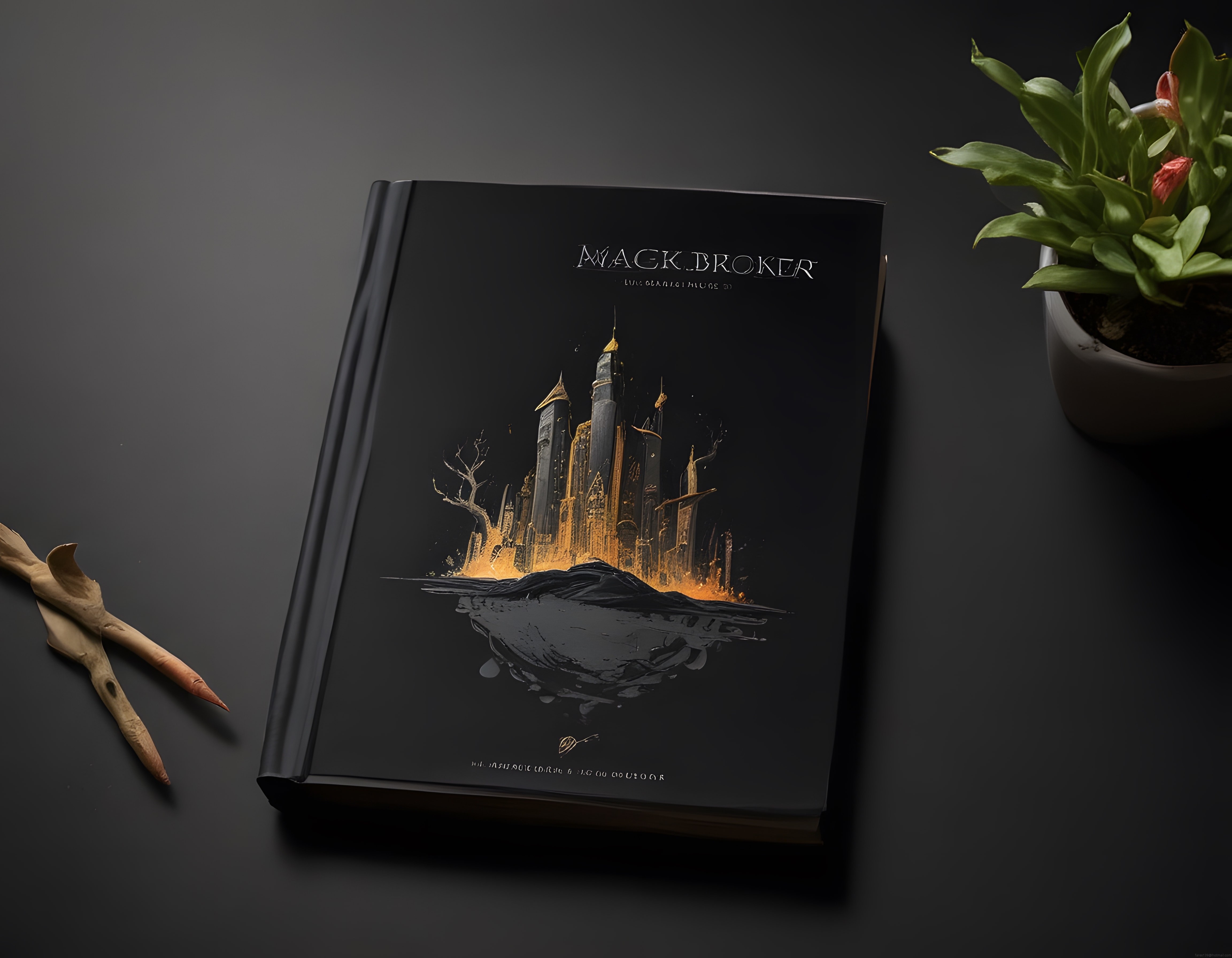 Karanlık fantastik kitap kapağı ve ahşap asayla mistik düz çekim kompozisyonu