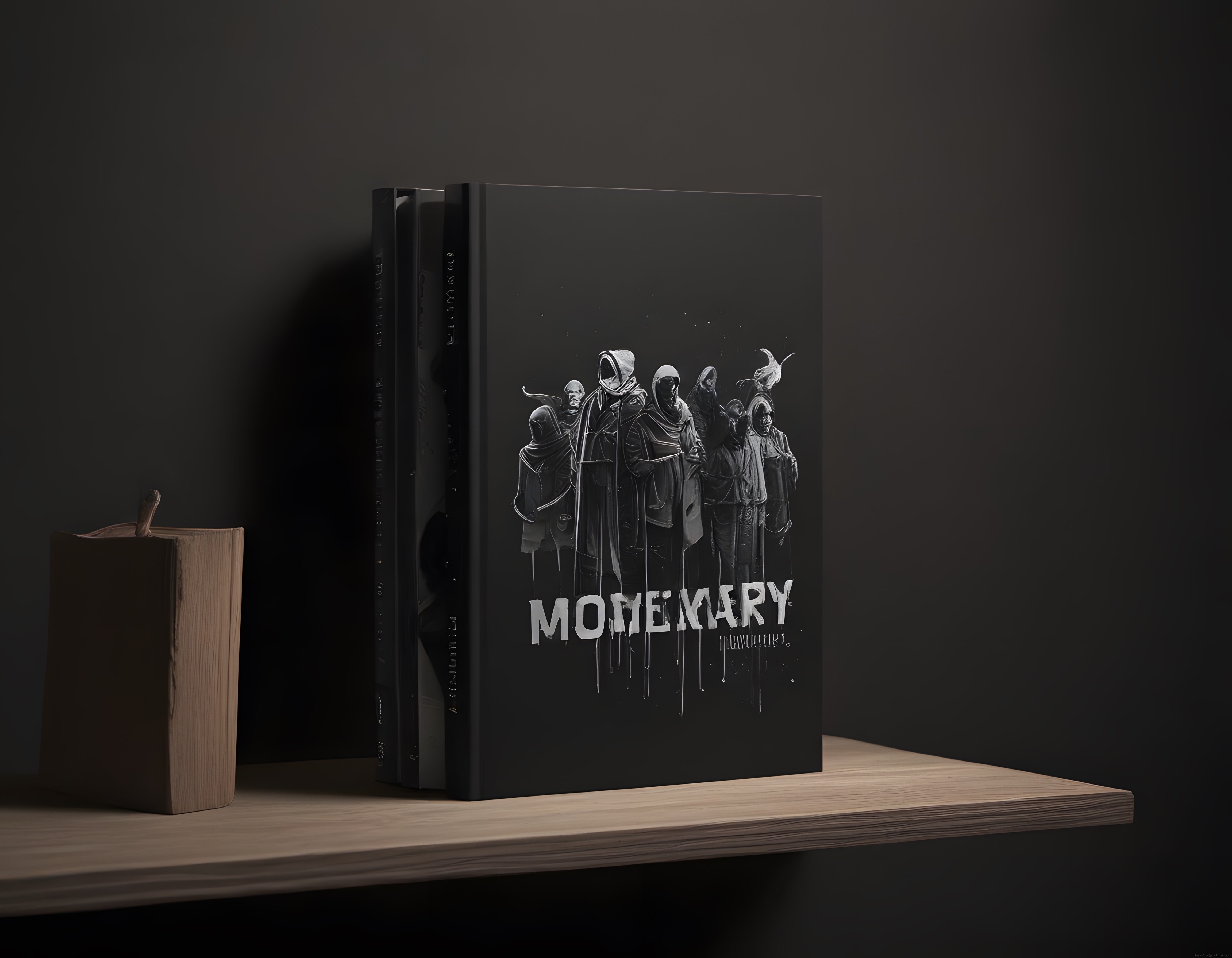 Karanlık fantastik kitap kapağı ve raftaki gizemli atmosfer