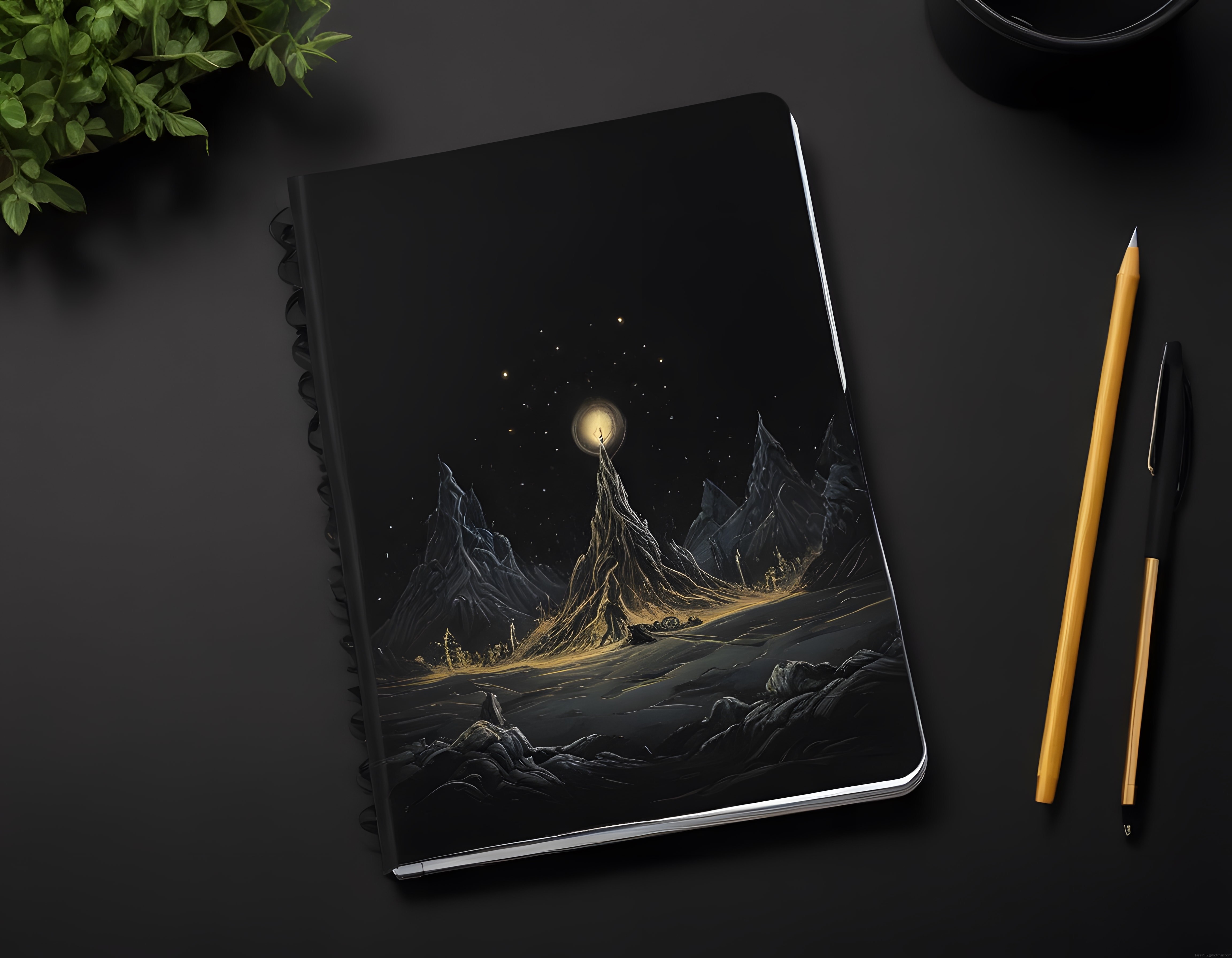 Karanlık Fantastik Manzaralı Defter ve Altın Kalem ile Şık Masa Düzeni