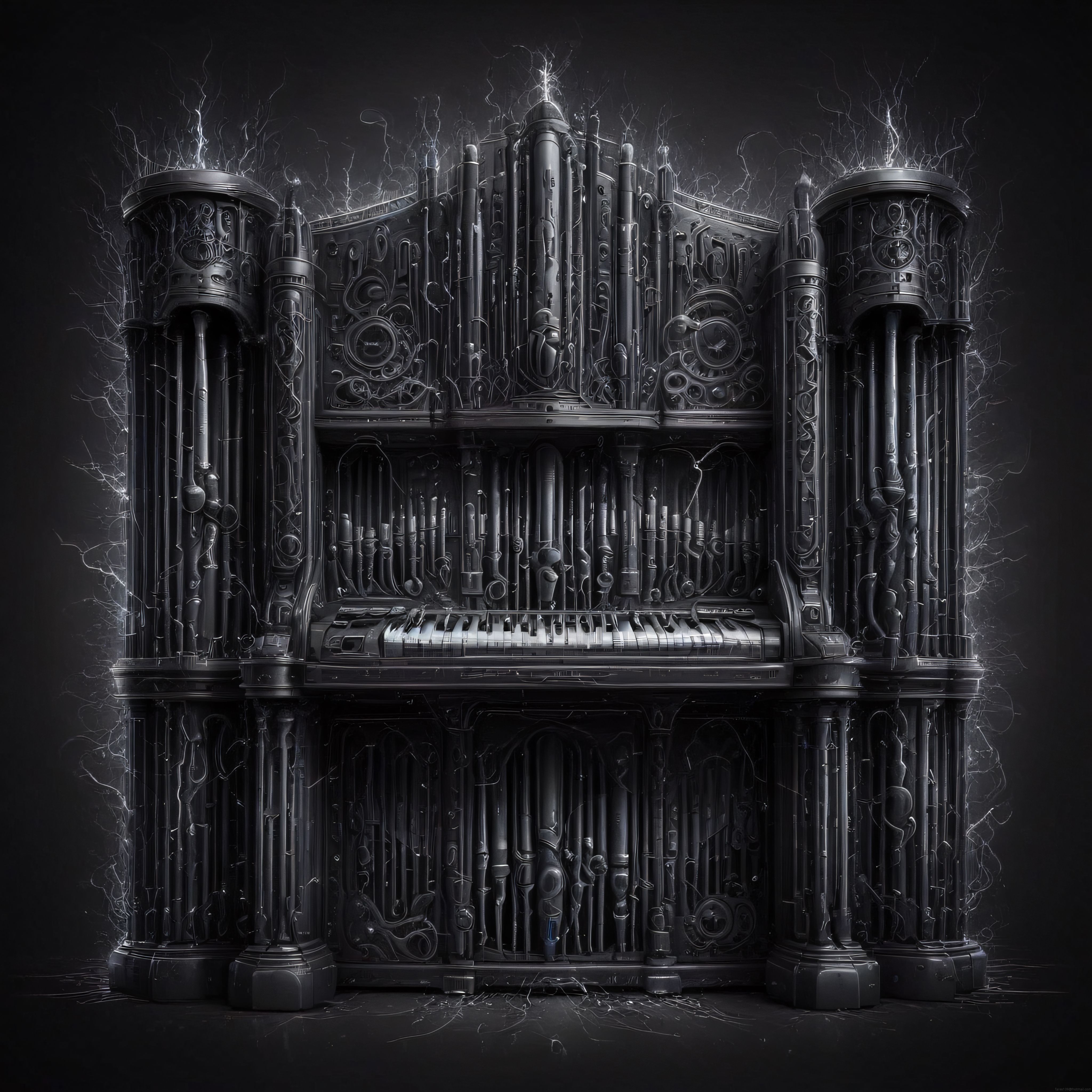 karanlık fantastik pipe organ gotik detaylar ve steampunk mekanik sanat