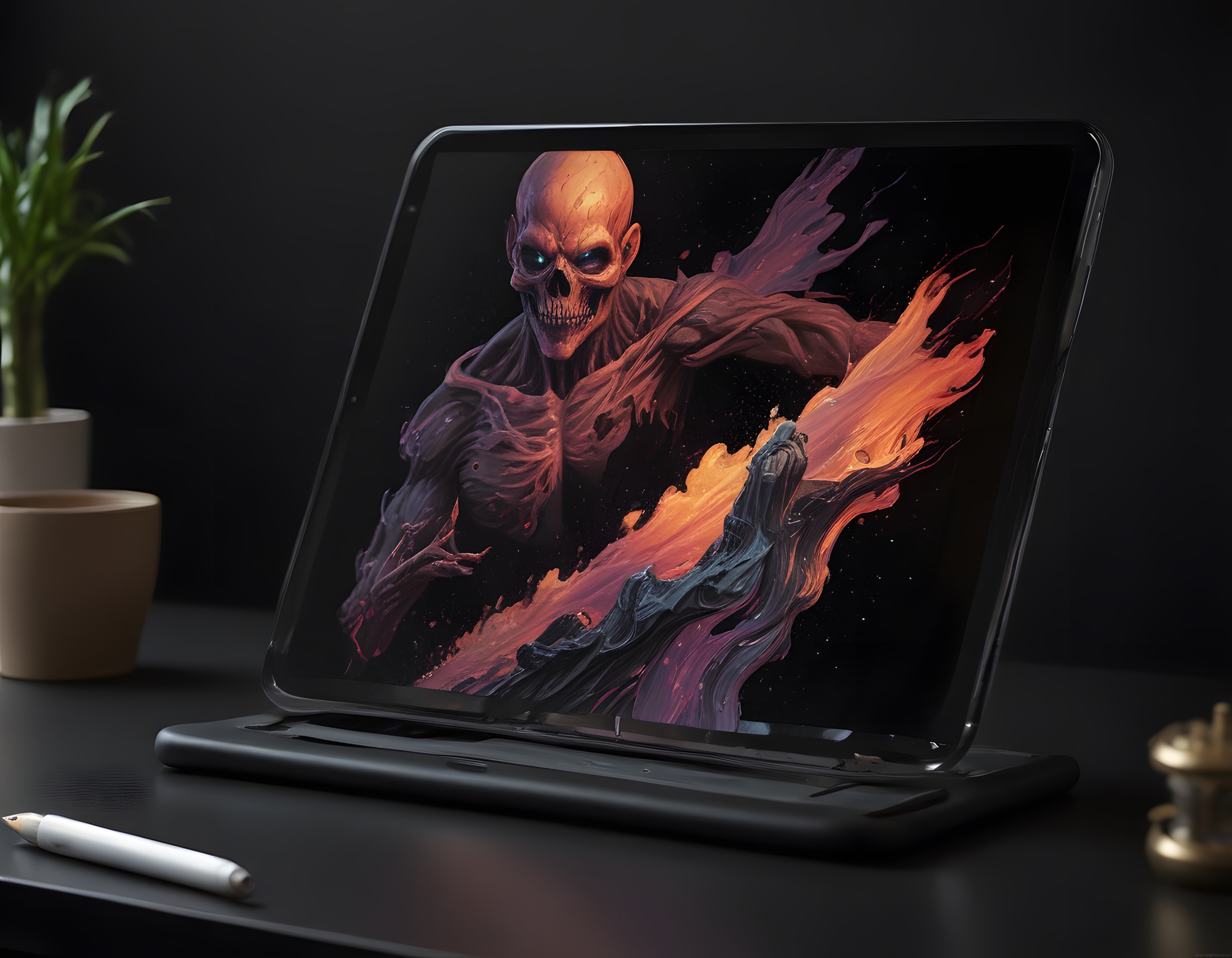 Karanlık Fantezi Sanat Eseri Gösteren Tablet ve Yaratıcı Çalışma Alanı