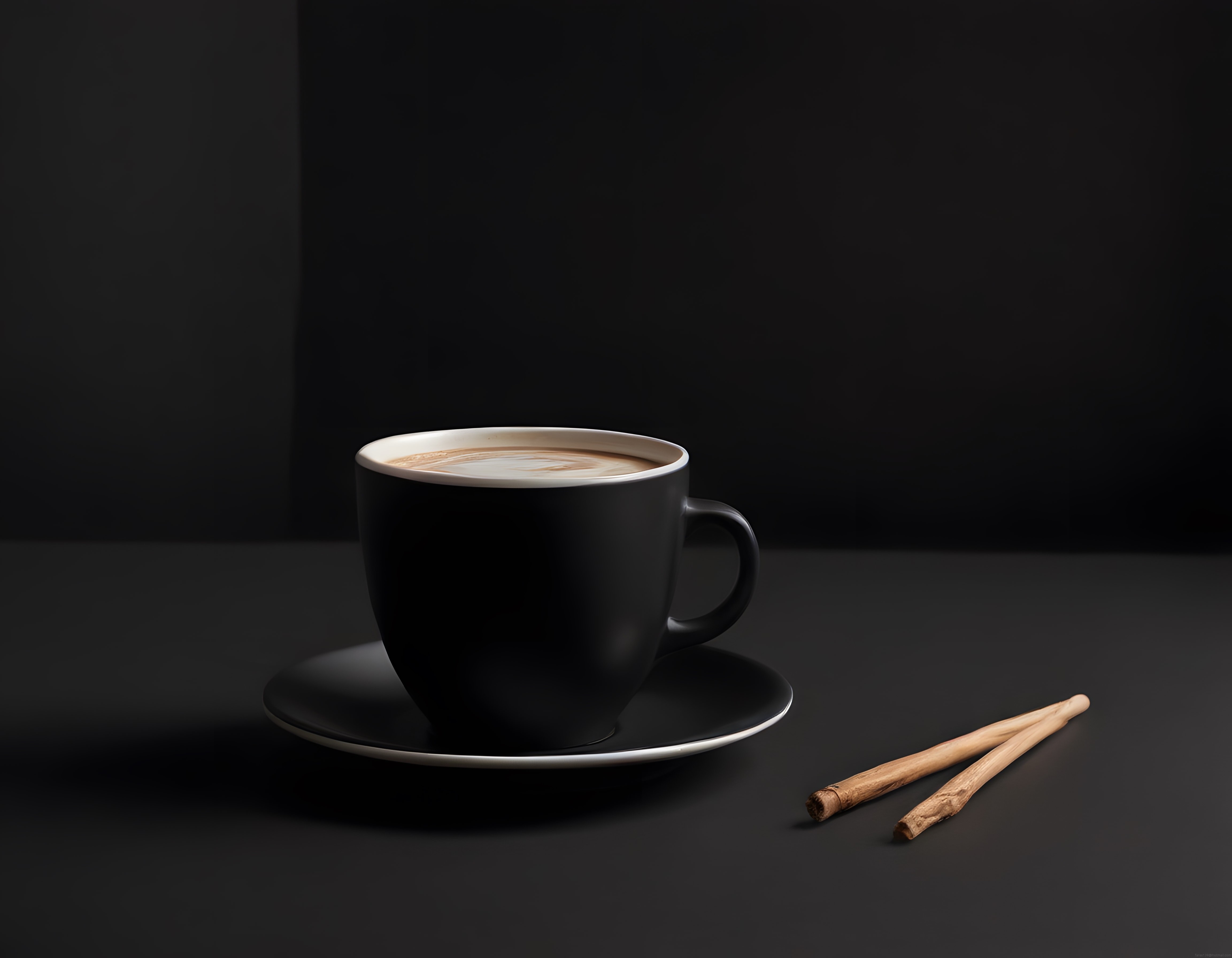 Karanlık Fon Üzerinde Latte Art Detaylı Siyah Fincanda Sıcak Kahve ve Grissini