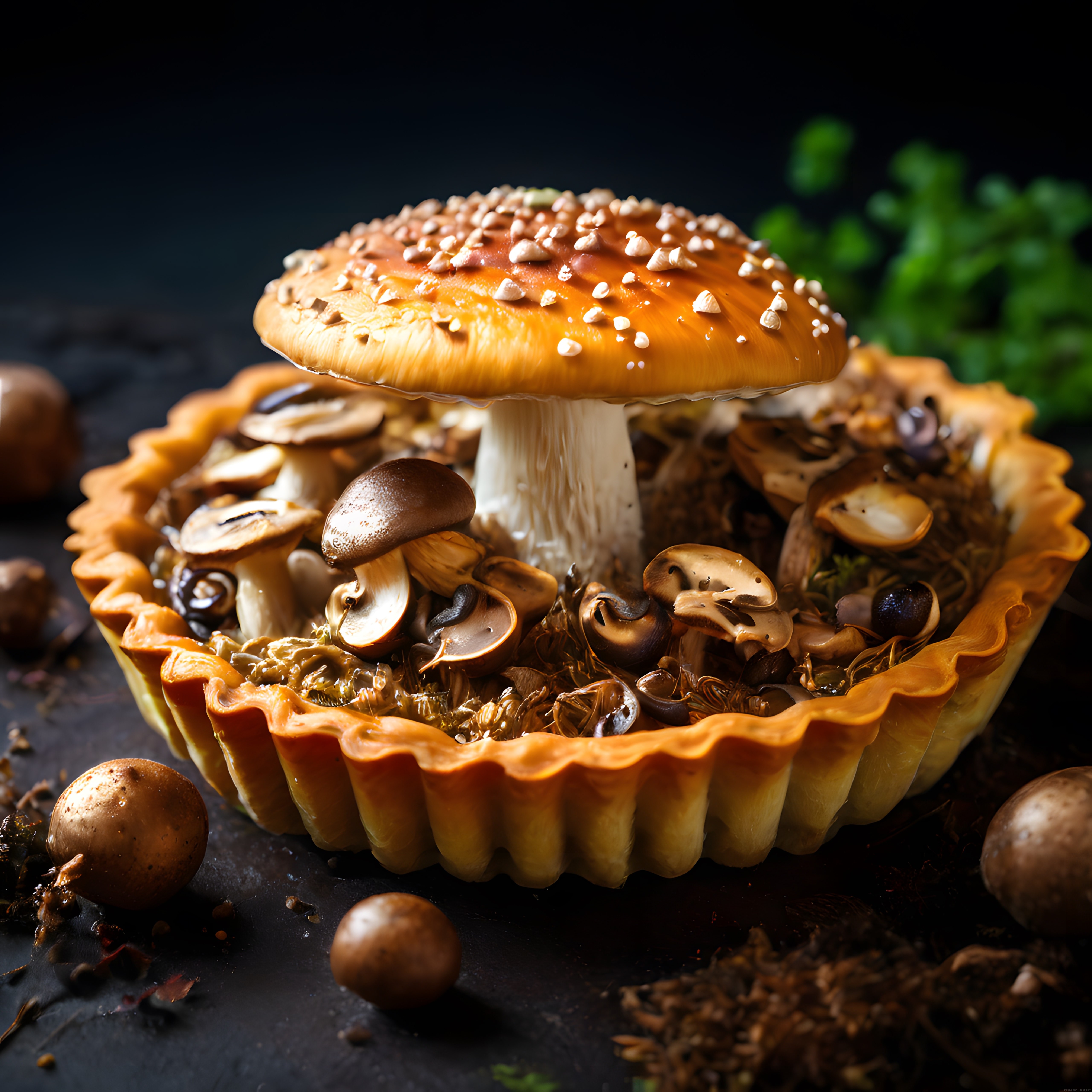 Karanlık fonda mantar süslemeli orman temalı tart ve butik kapkek sunumu