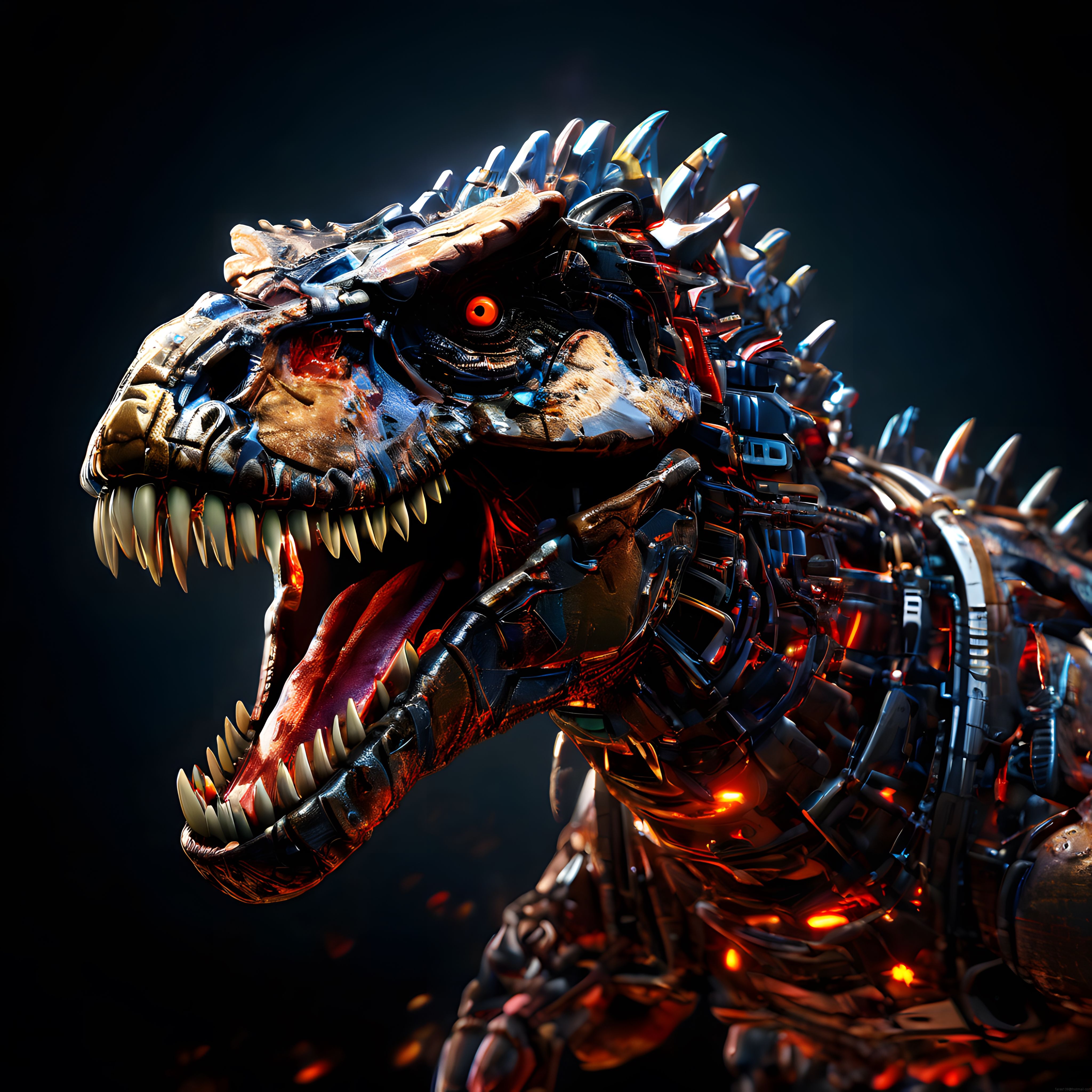 Karanlık Fonda Parlayan Kırmızı Gözleriyle Biyomekanik Metal T-Rex Canavarı