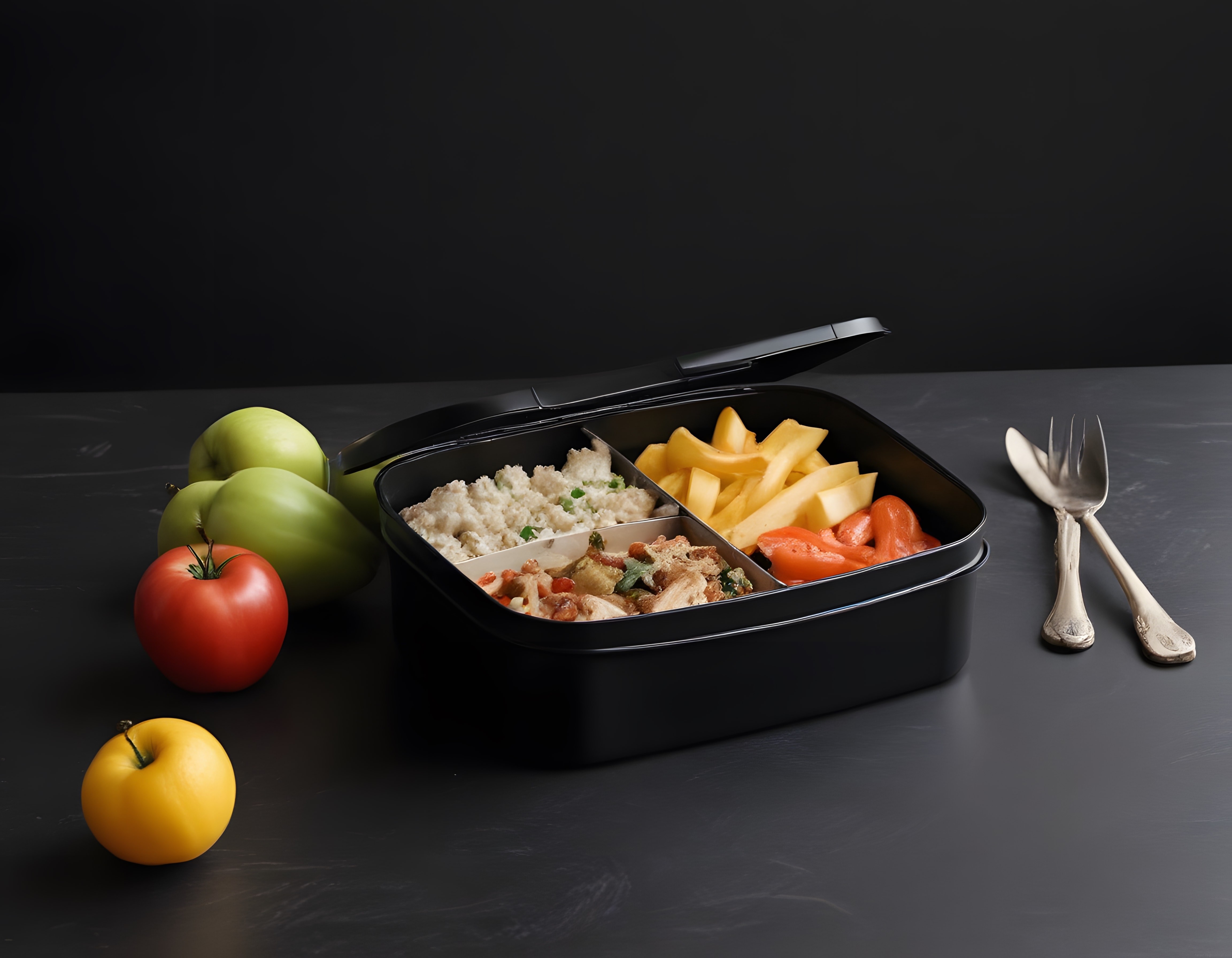Karanlık Fonda Stilize Edilmiş Bento Kutu İçinde Dengeli ve Sağlıklı Yemek