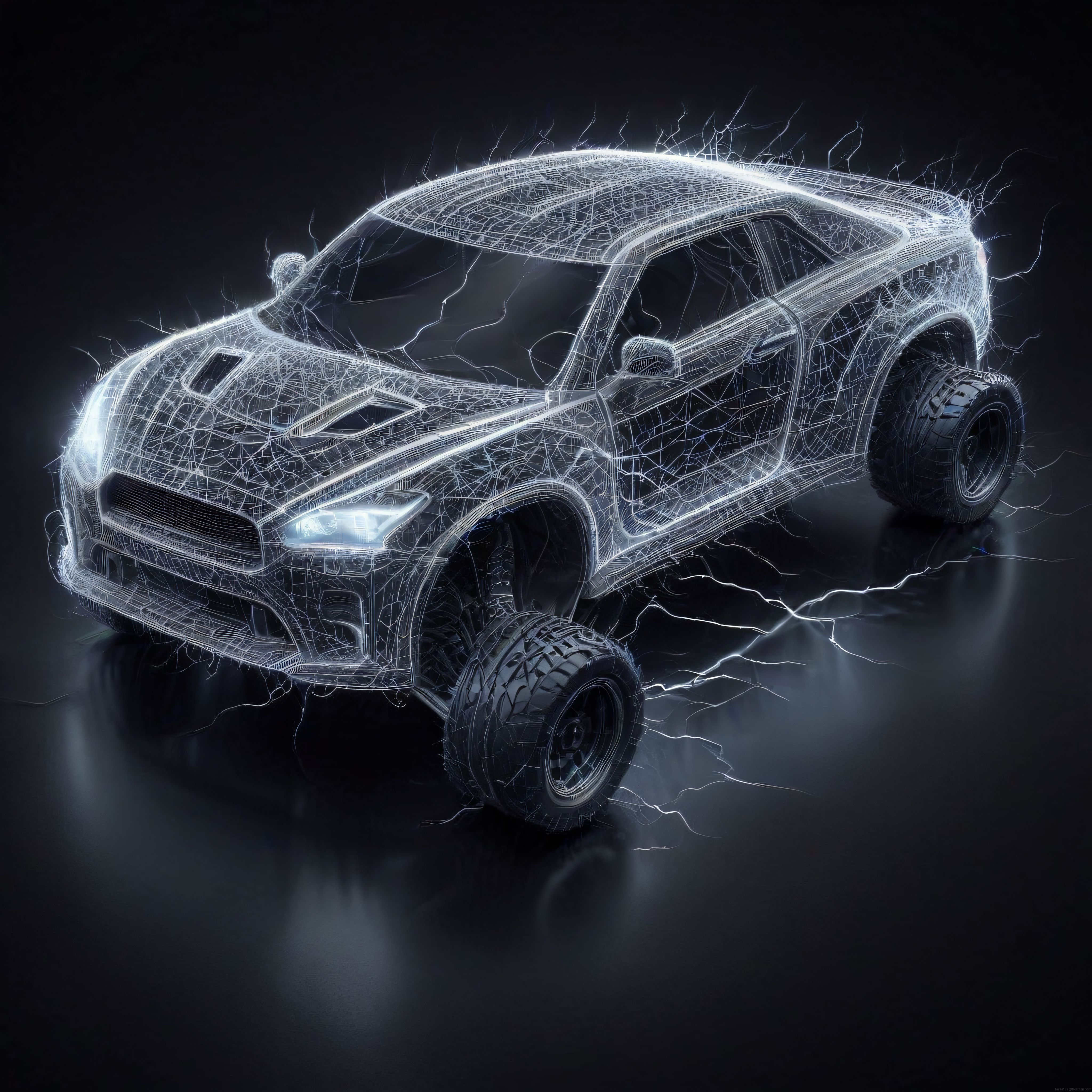 Karanlık Fonda Tel Kafes Formunda Parıldayan Modern SUV Konsepti