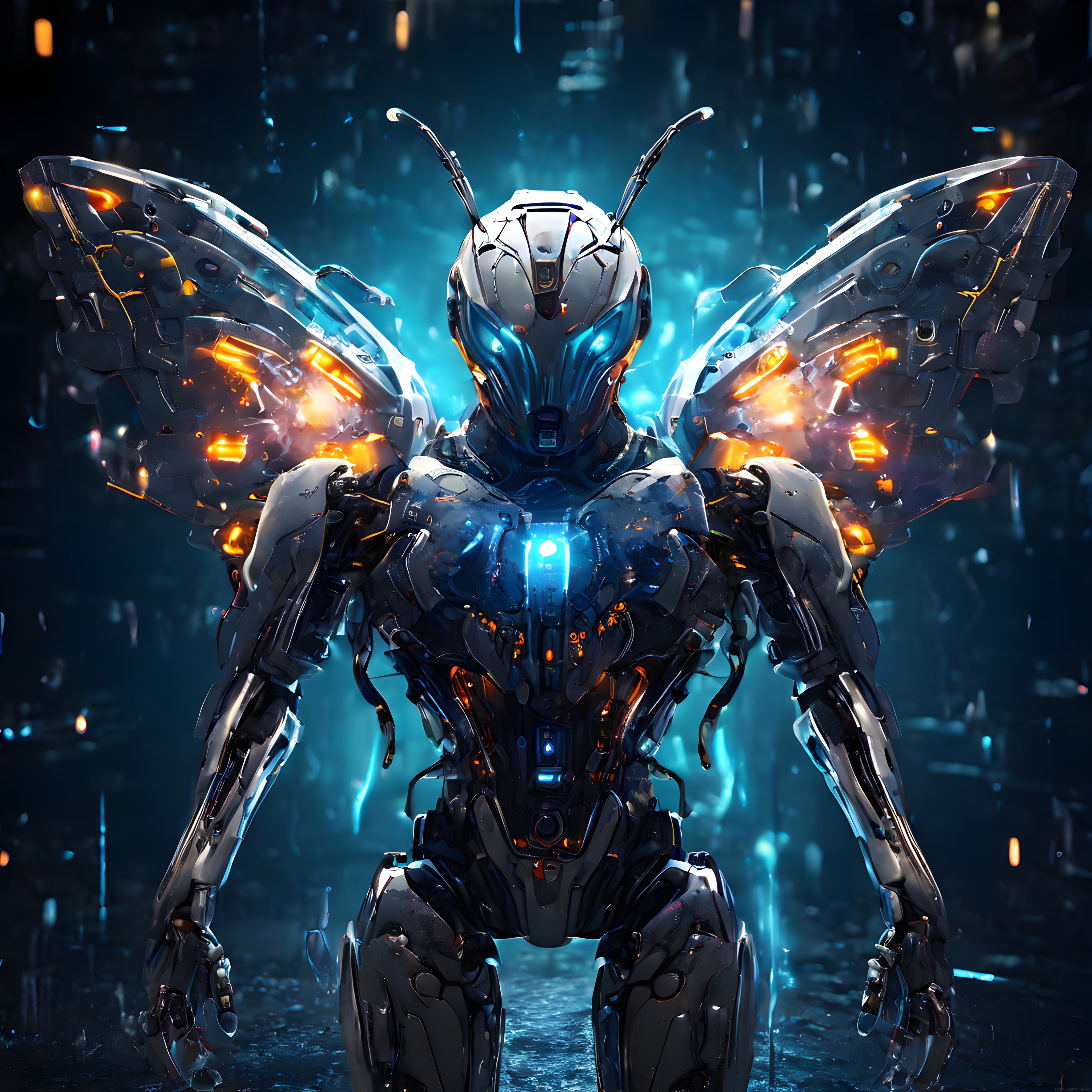 Karanlık gelecek şehrinde neon ışıklı mekanik kanatlı cyberpunk robot varlığı