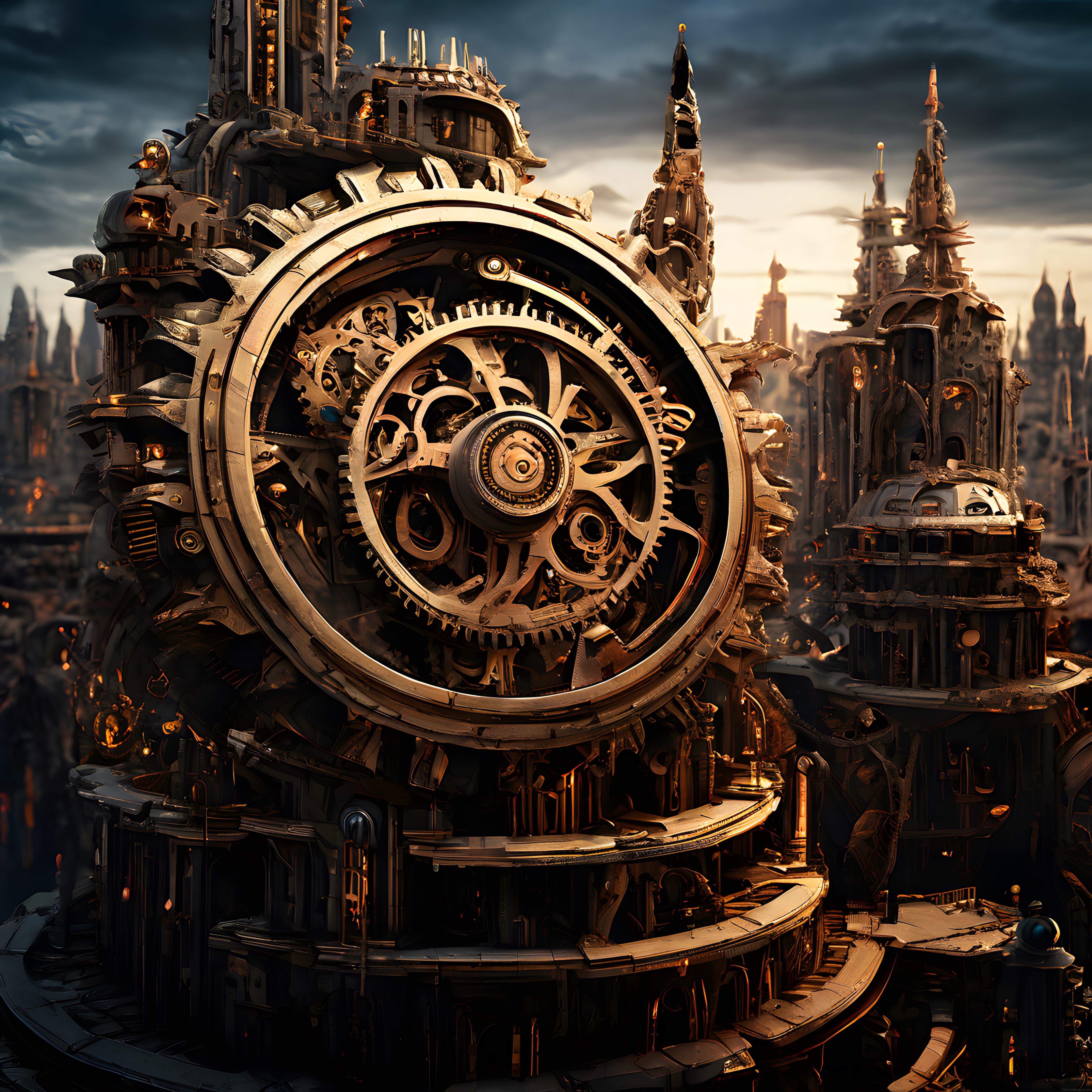Karanlık Gökyüzü Altında Devasa Steampunk Mekanik Saat Kulesi ve Gotik Şehir