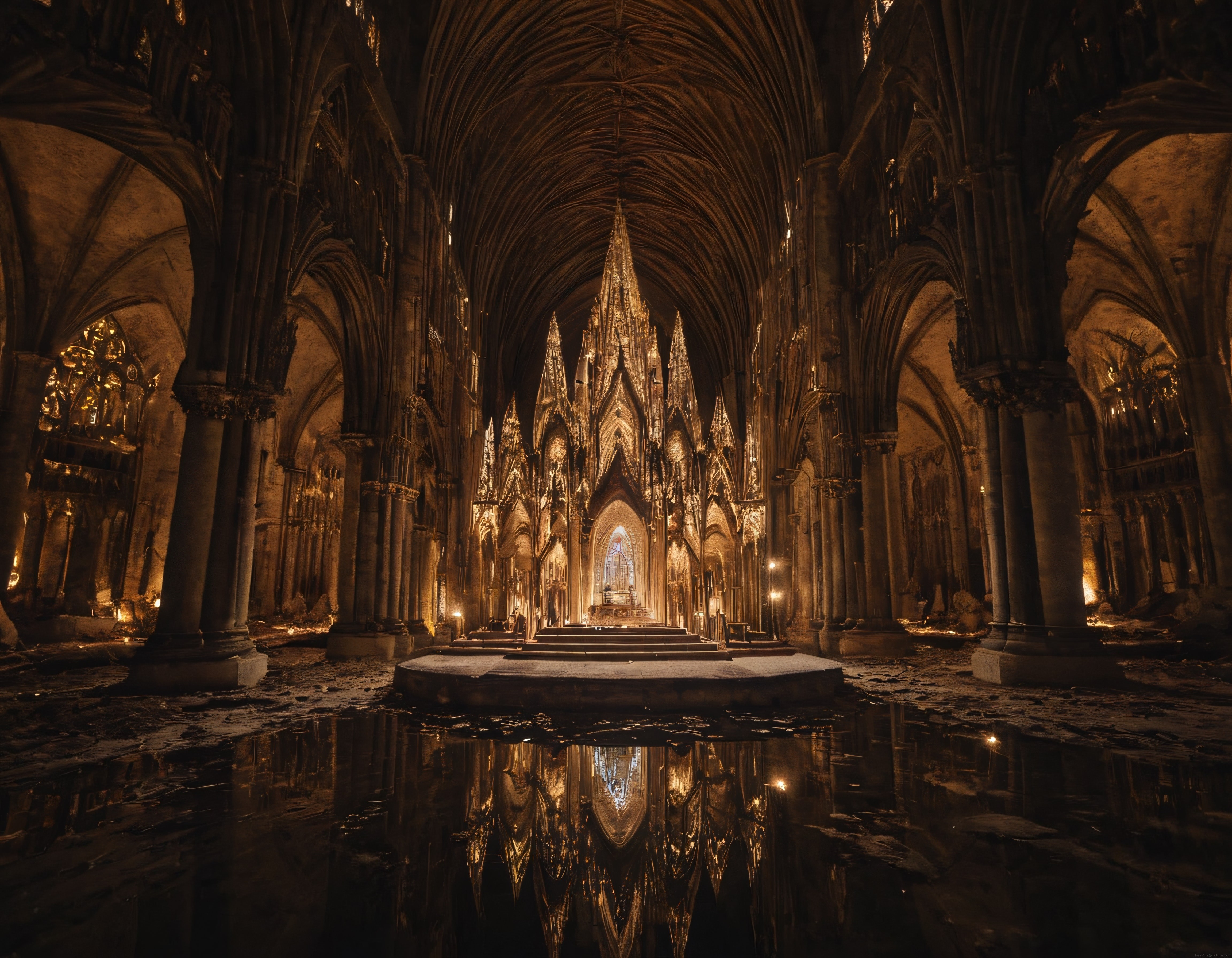 Karanlık Gotik Katedral İçi, Altın Işıklı Altar ve Mükemmel Su Yansıması