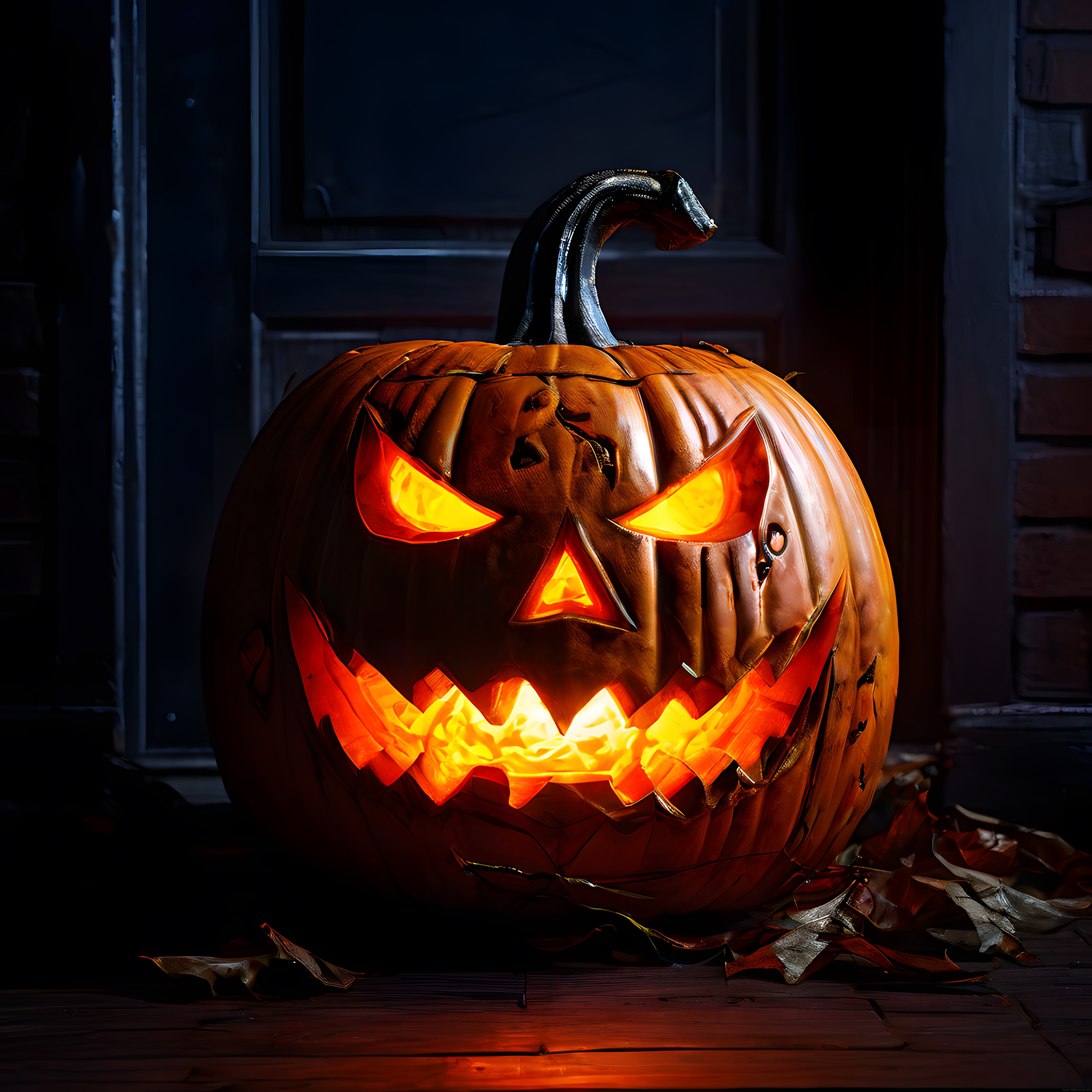 Karanlık kapı önünde parlayan ürkütücü halloween balkabağı dekorasyonu