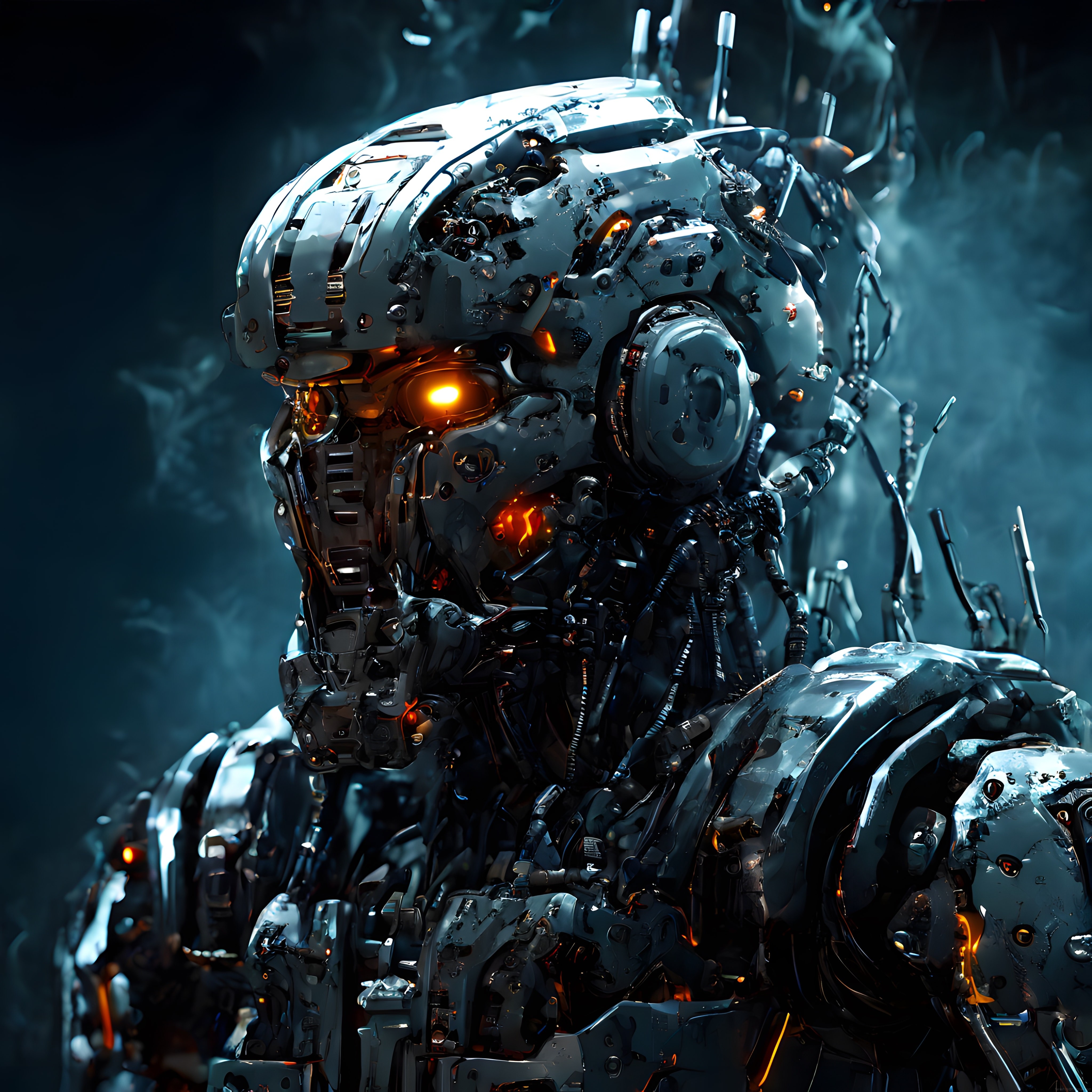 Karanlık laboratuvarda parlayan gözleriyle geleceğin robot muhafızı