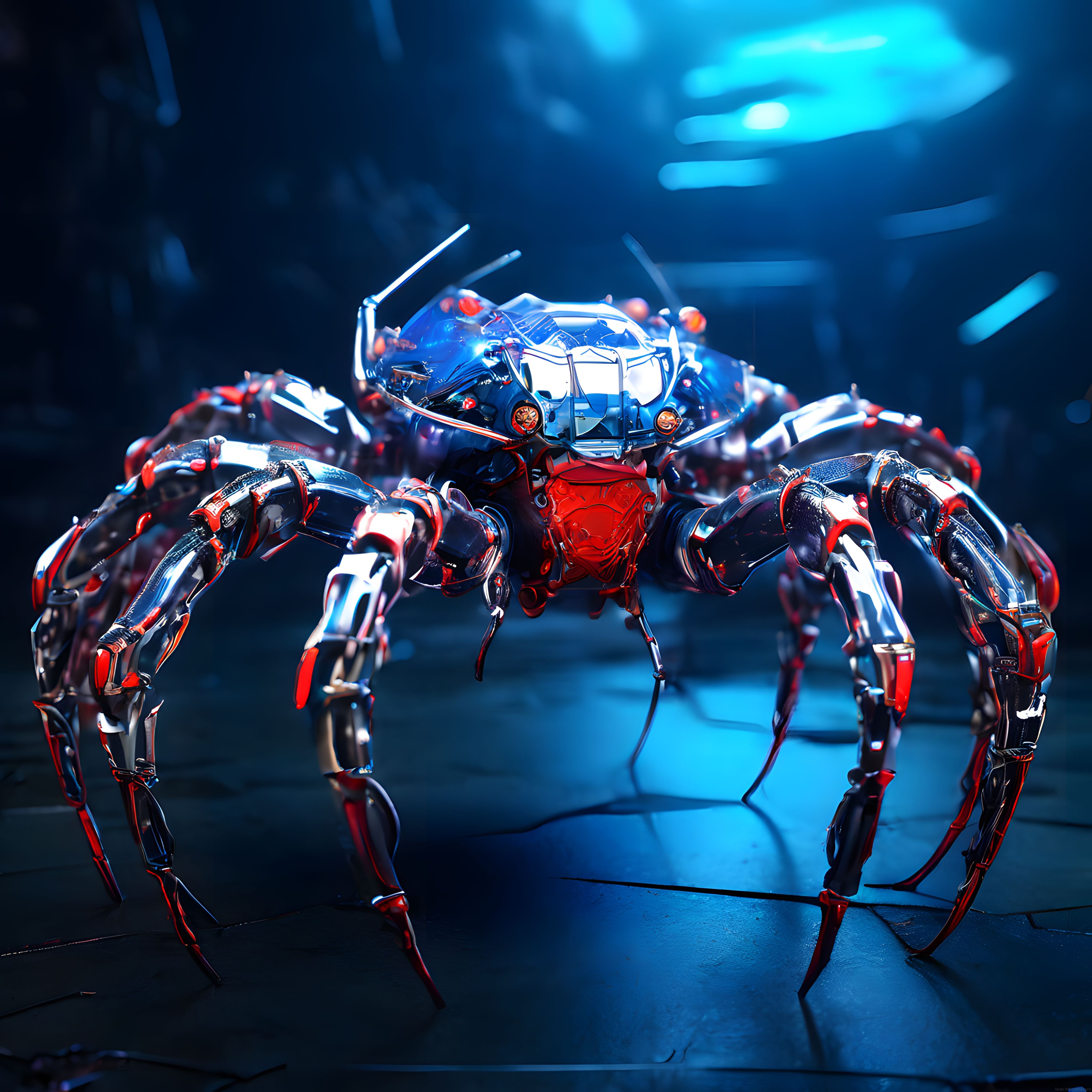 Karanlık laboratuvarın ortasında bekleyen krom kaplama dev metal örümcek robot