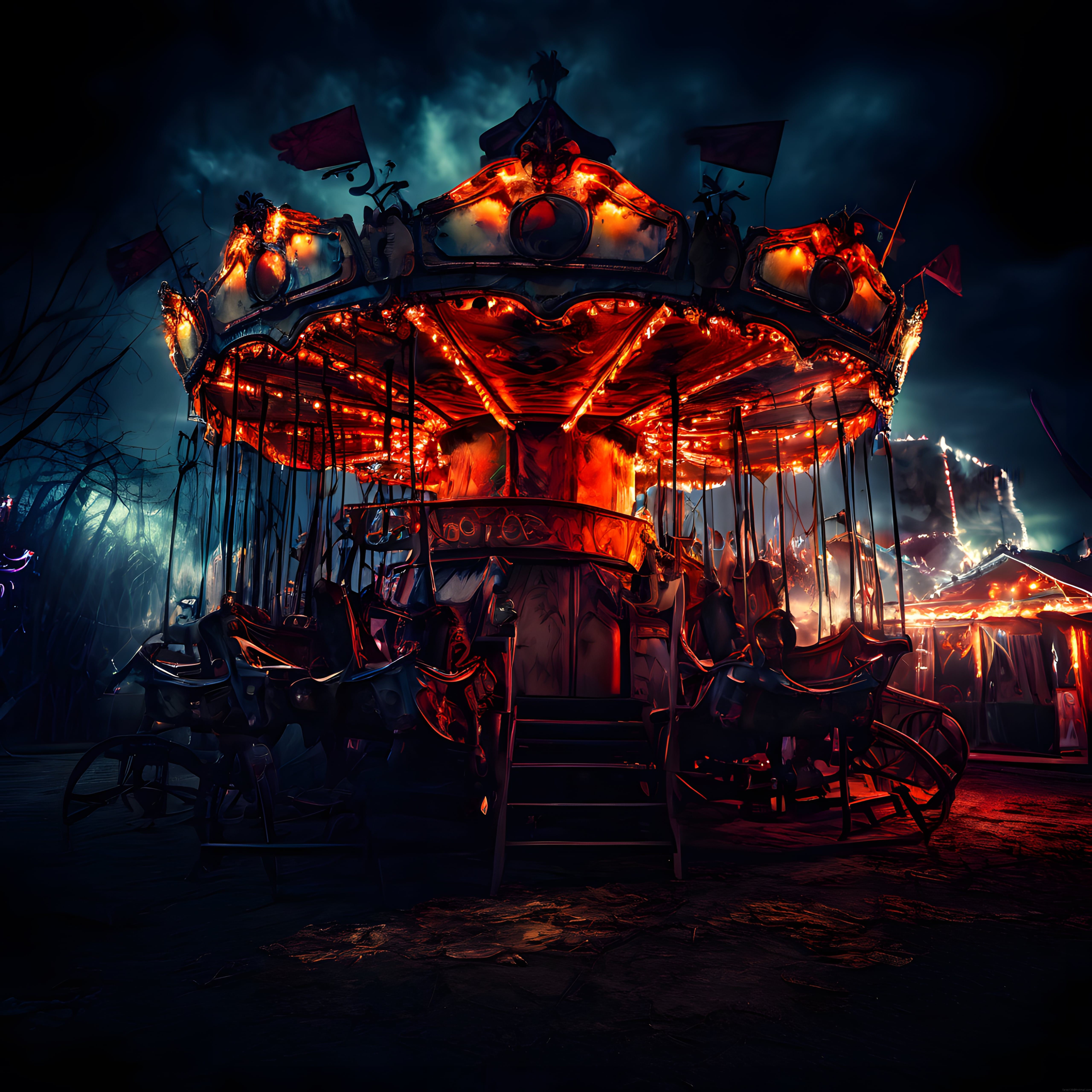 Karanlık Lunapark Atlıkarıncası: Gotik Gece ve Ürkütücü Neon Işıklar
