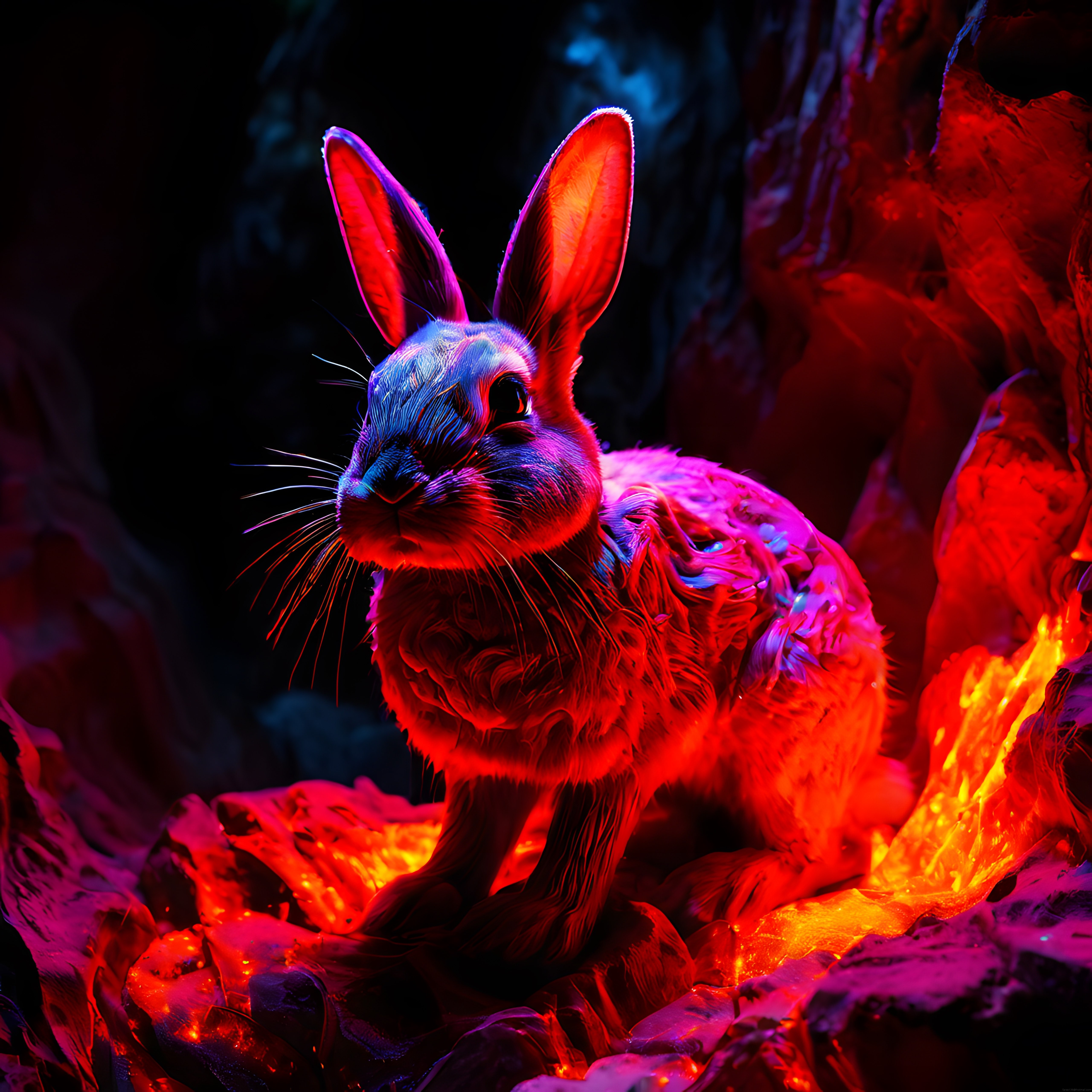 Karanlık Mağarada Parlayan Neon Işıklı Fantastik Tavşan Dijital Sanat