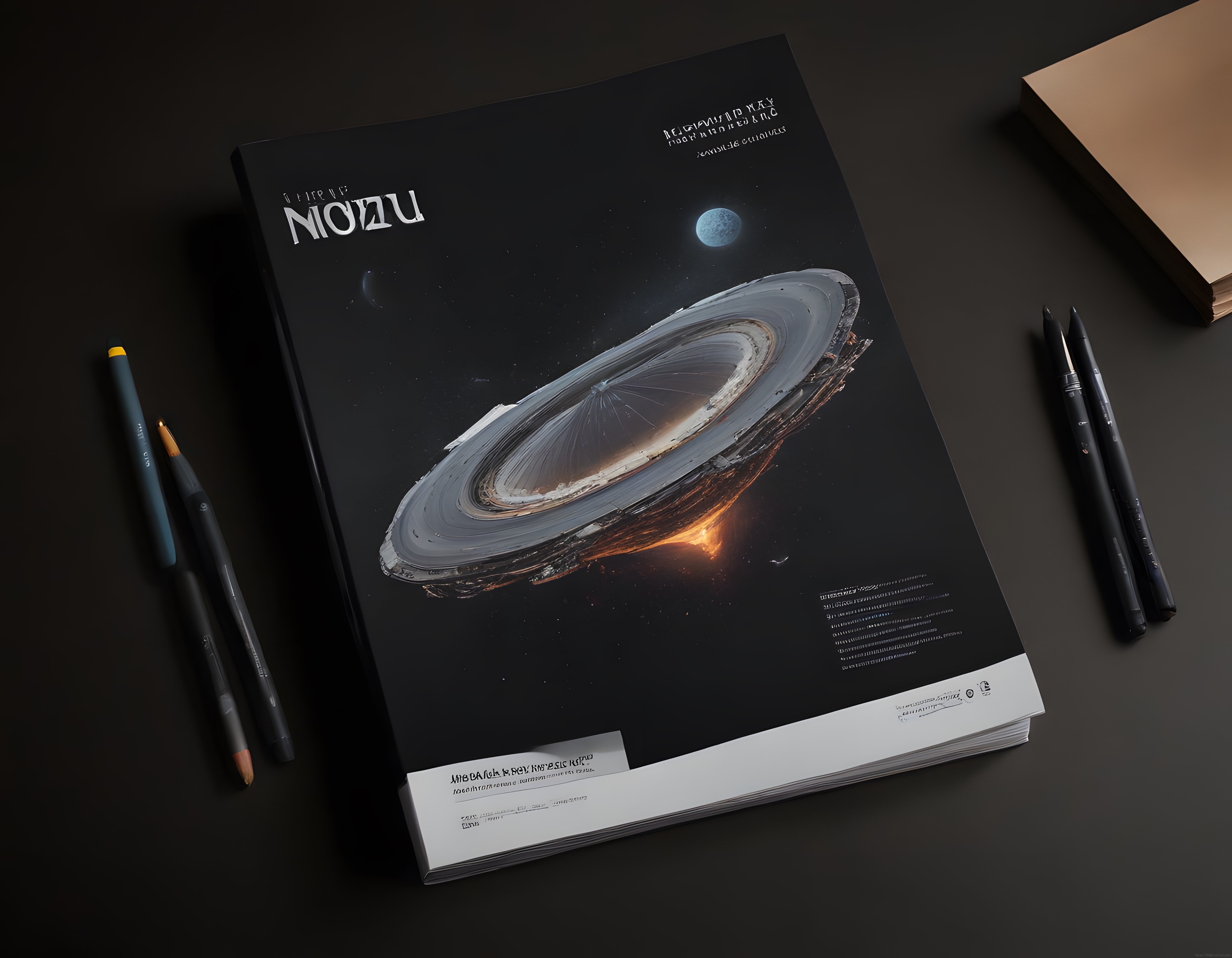 Karanlık Masa Üzerinde Uzay Temalı Dergi Kapak Tasarımı ve Mockup Sunumu