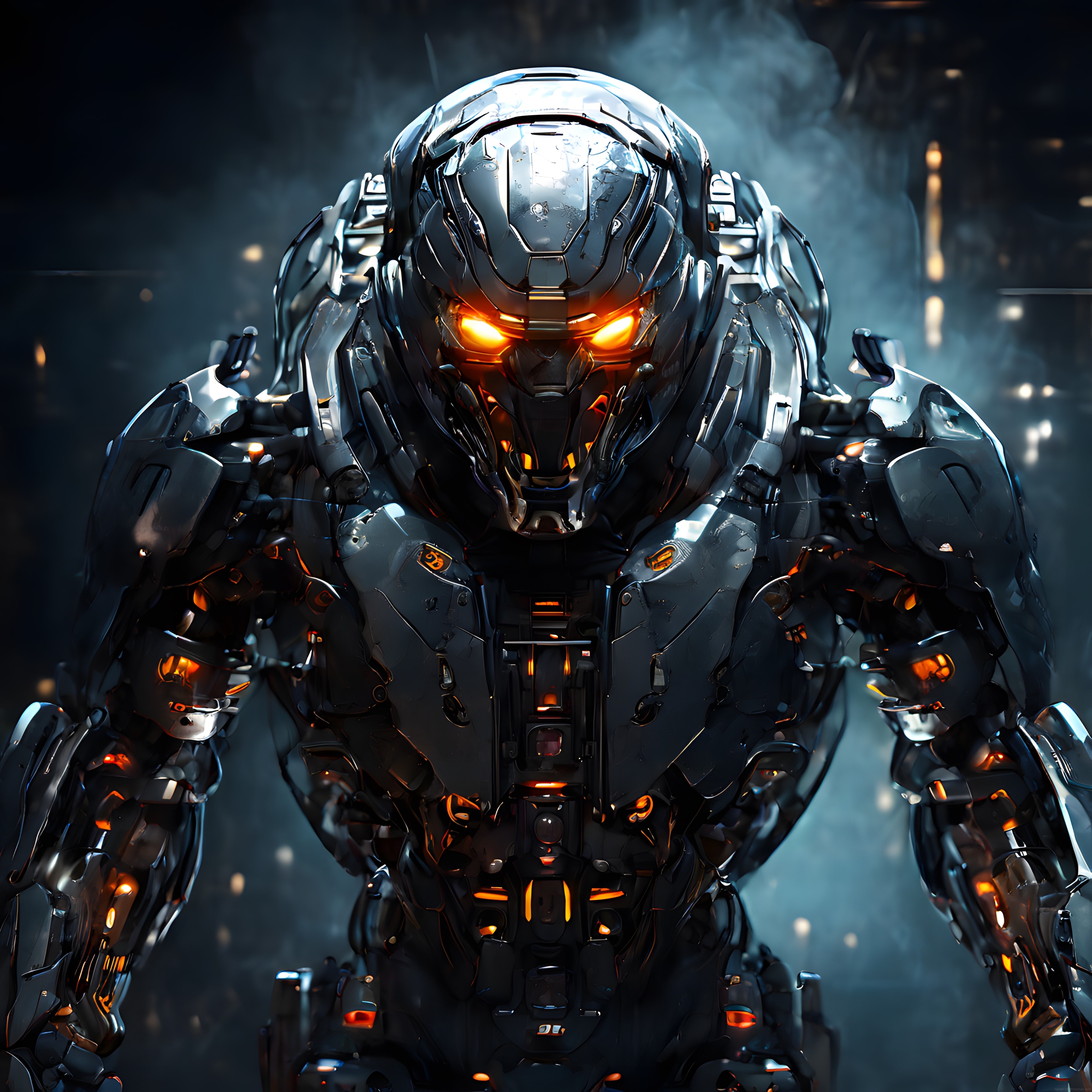 Karanlık Mekanda Turuncu Parıldayan Gözleriyle Geleceğin Savaş Robotu