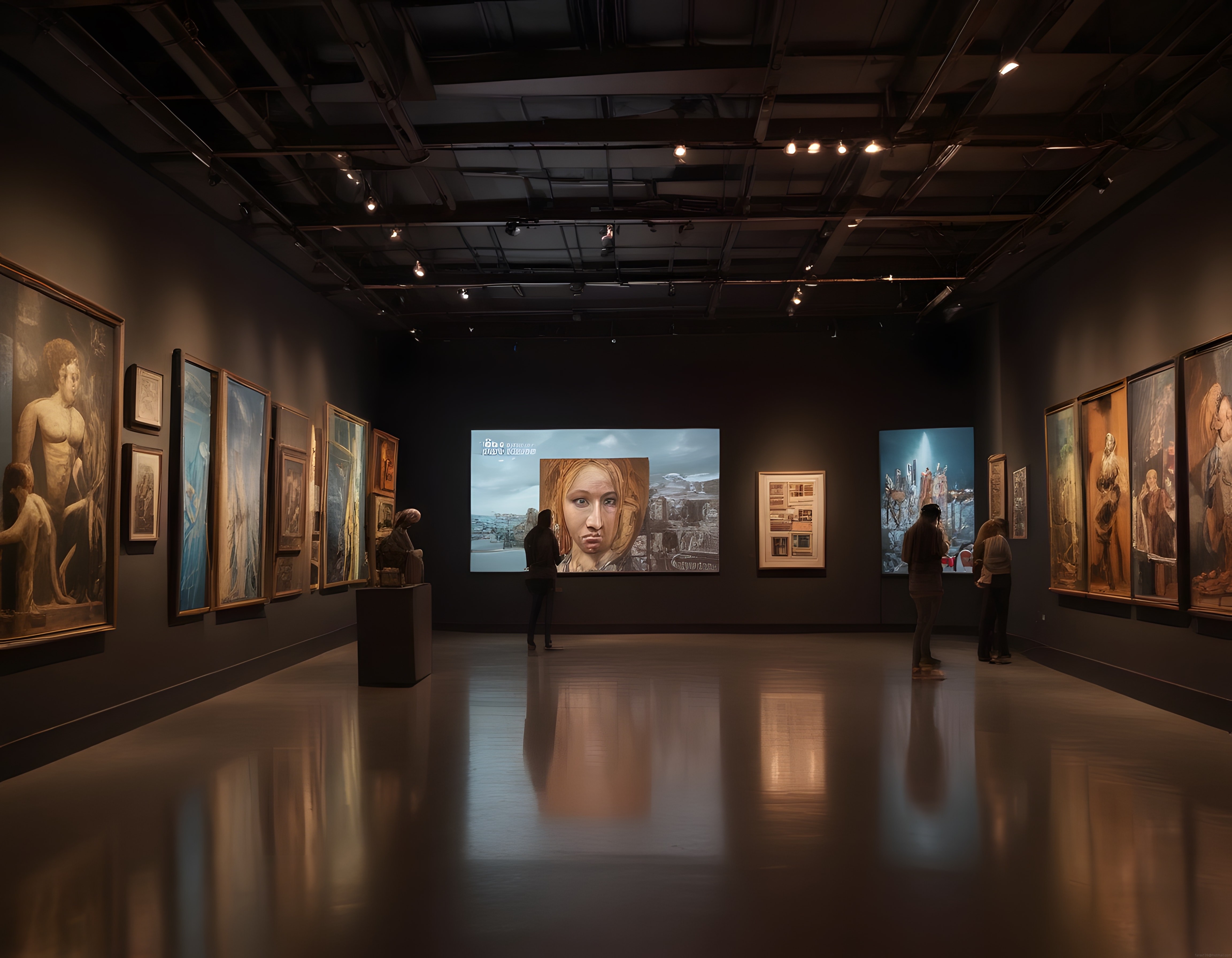 Karanlık Müze Salonunda Işıklandırılmış Tablolar ve Dijital Sanat Eseri