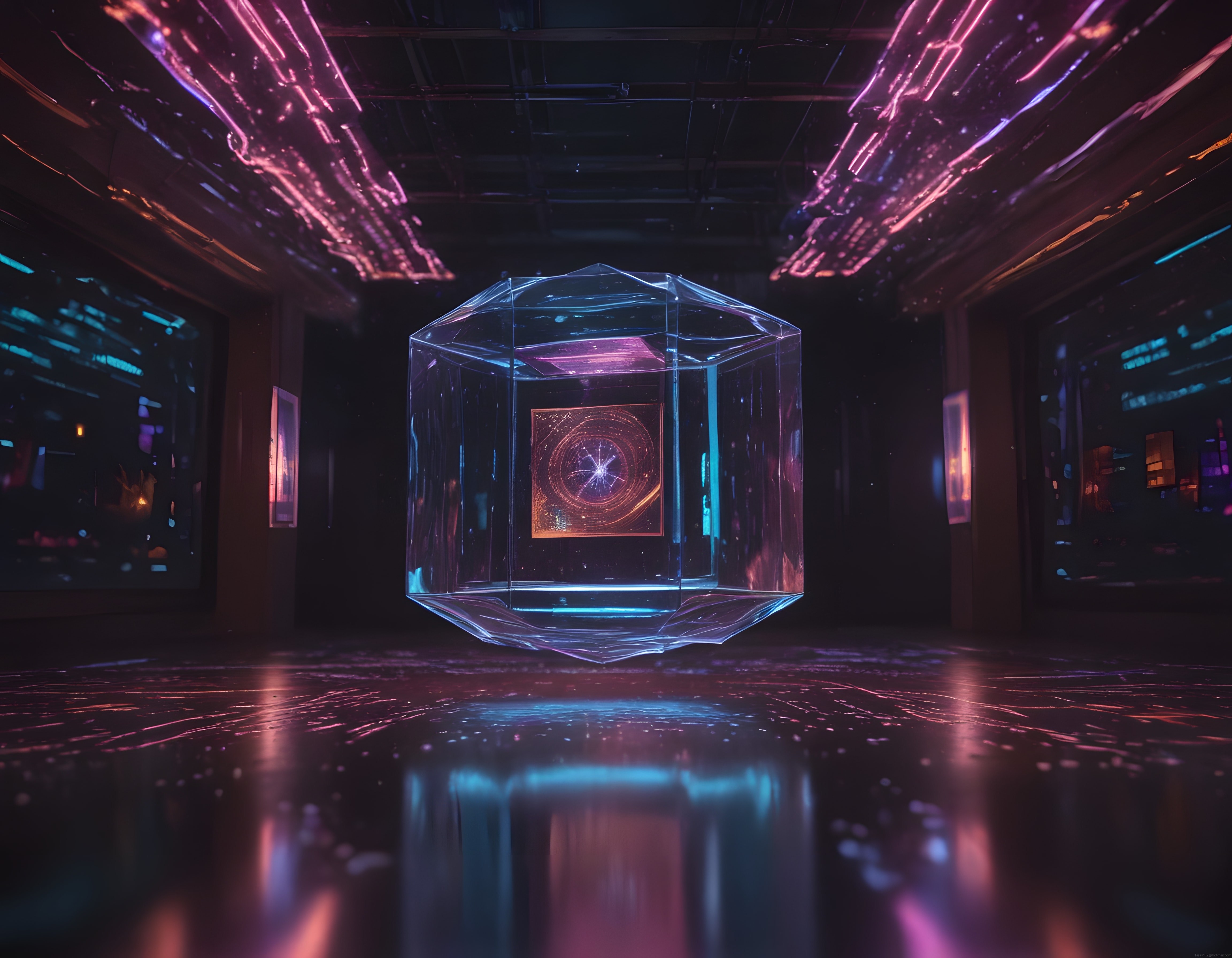 Karanlık Odada Asılı Duran Holografik Veri Kübü ve Renkli Neon Işık Yansımaları