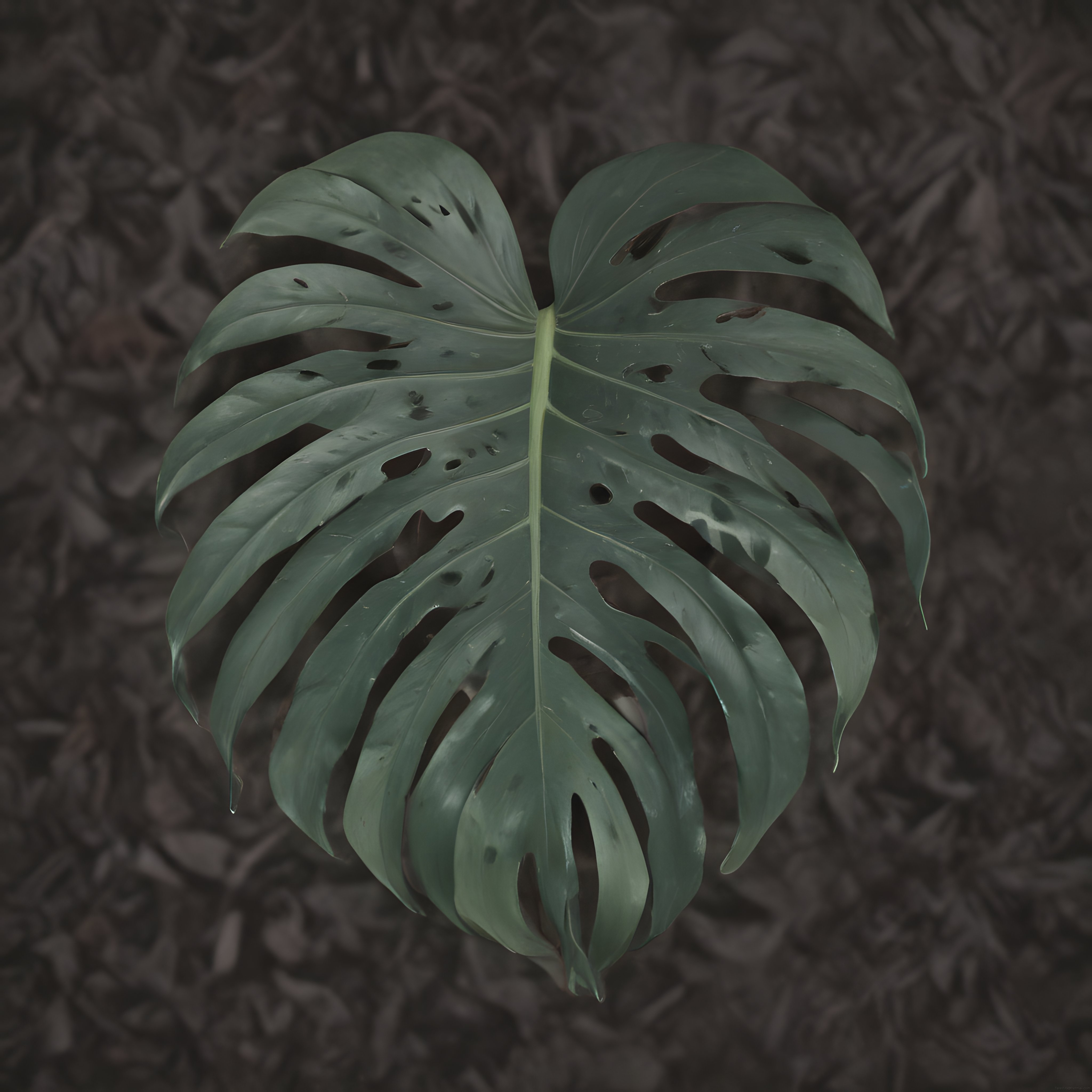 Karanlık Orman Atmosferinde Işıltılı Su Damlacıklarıyla Monstera Yaprağı