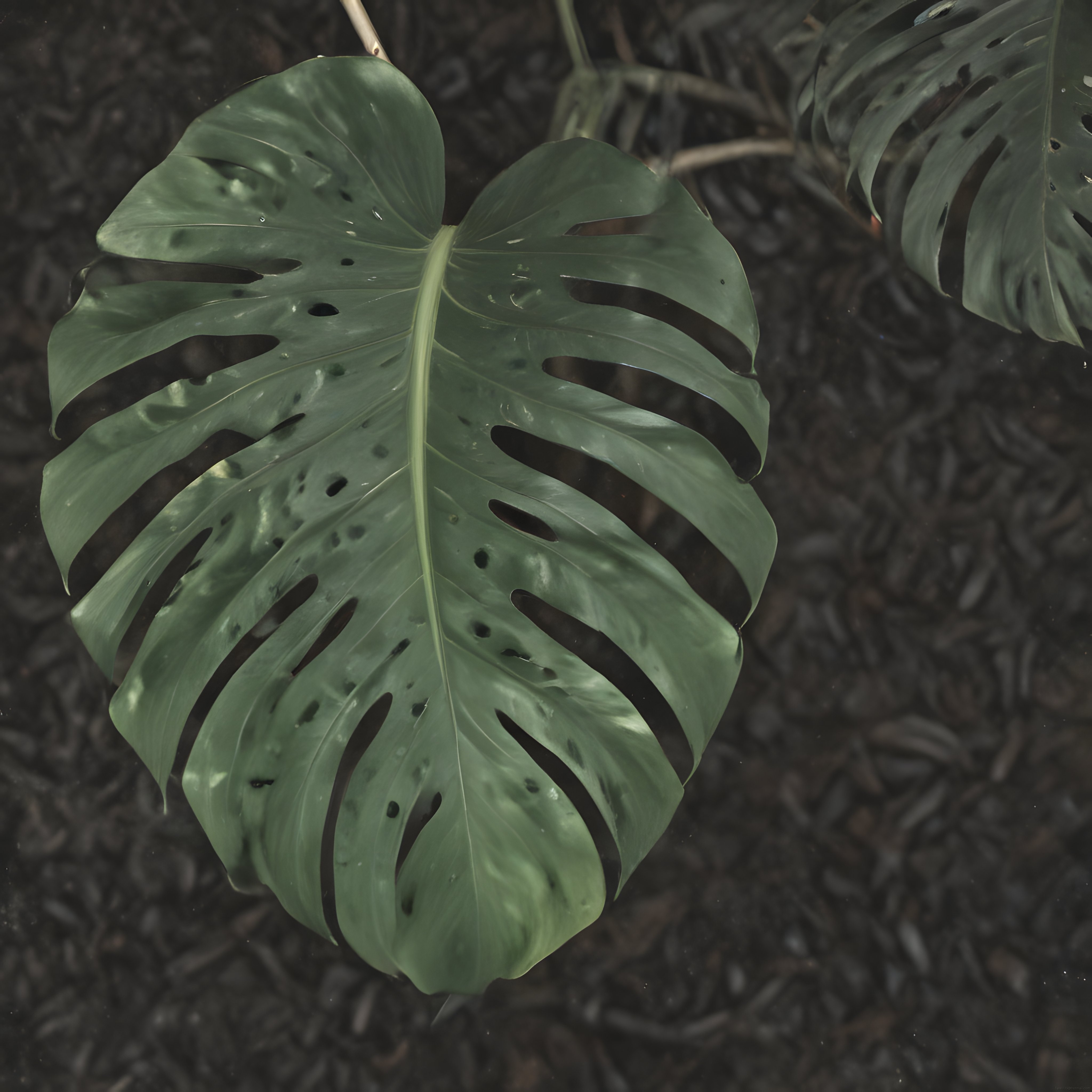 Karanlık Orman Zemininde Sulu ve Canlı Dev Monstera Deliciosa Yaprağı