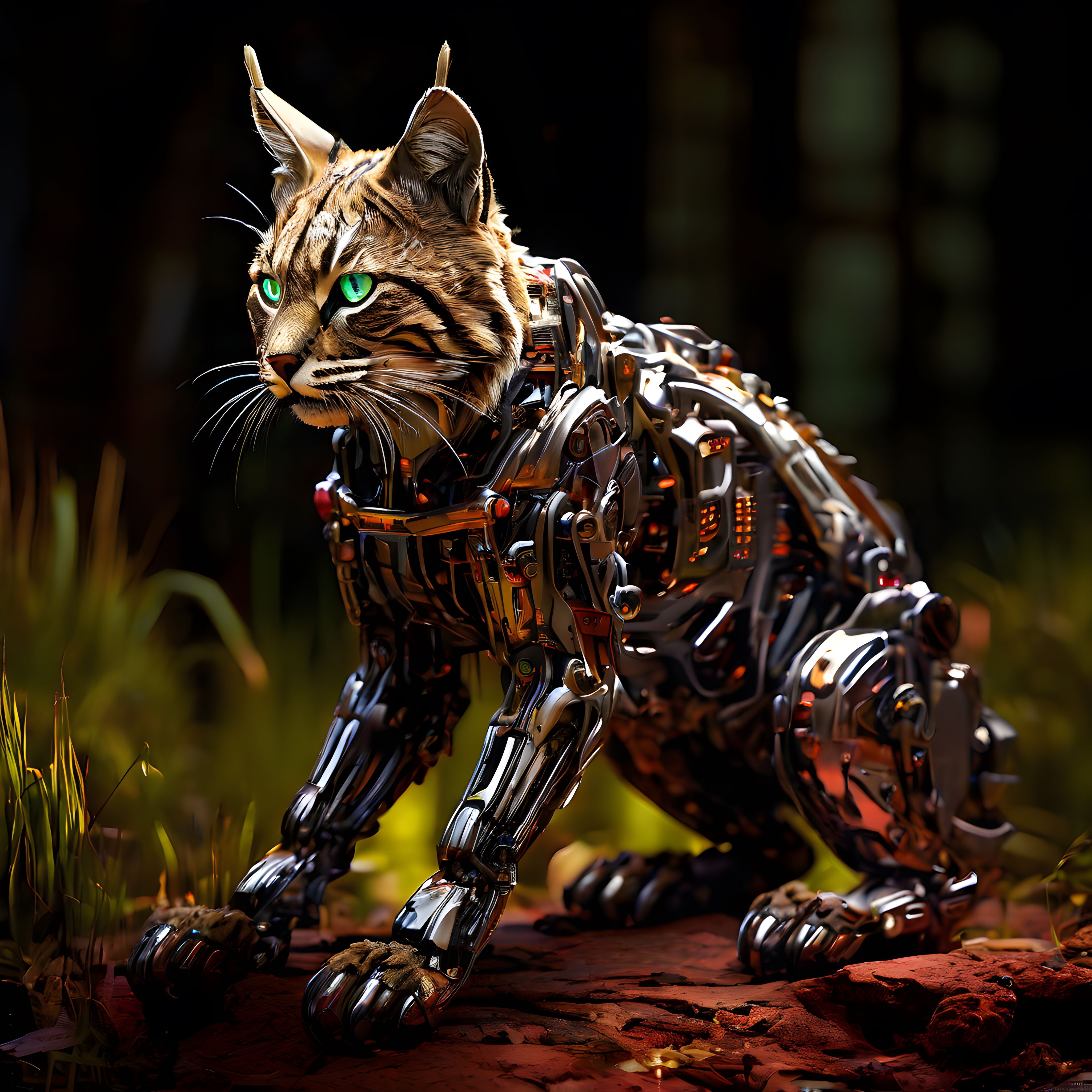 karanlık ormanda gizlenmiş mekanik bedenli mistik robot kedi illüstrasyonu
