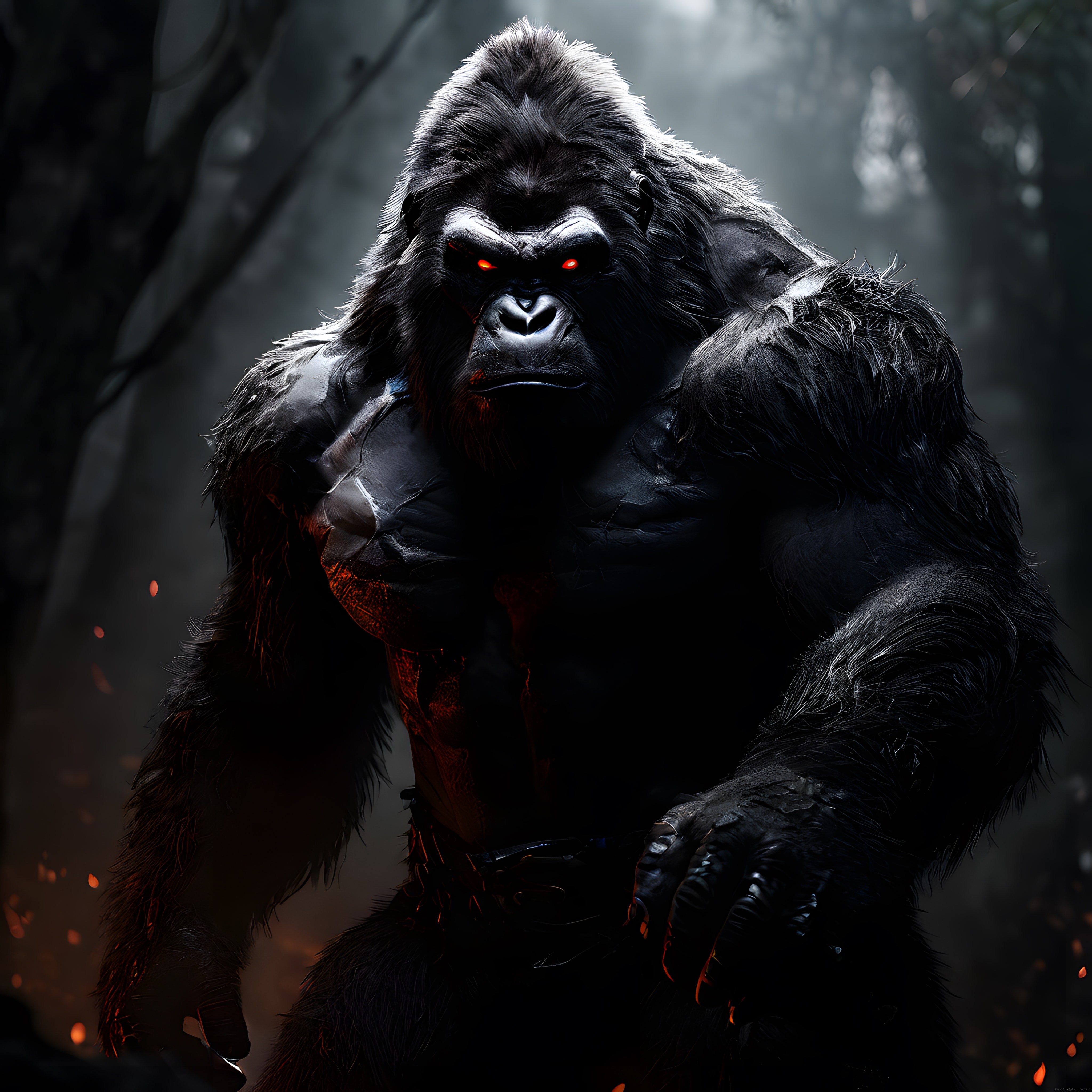 Karanlık Ormanda Kırmızı Gözlü Efsanevi Bigfoot Canavarı Dijital Sanat Eseri